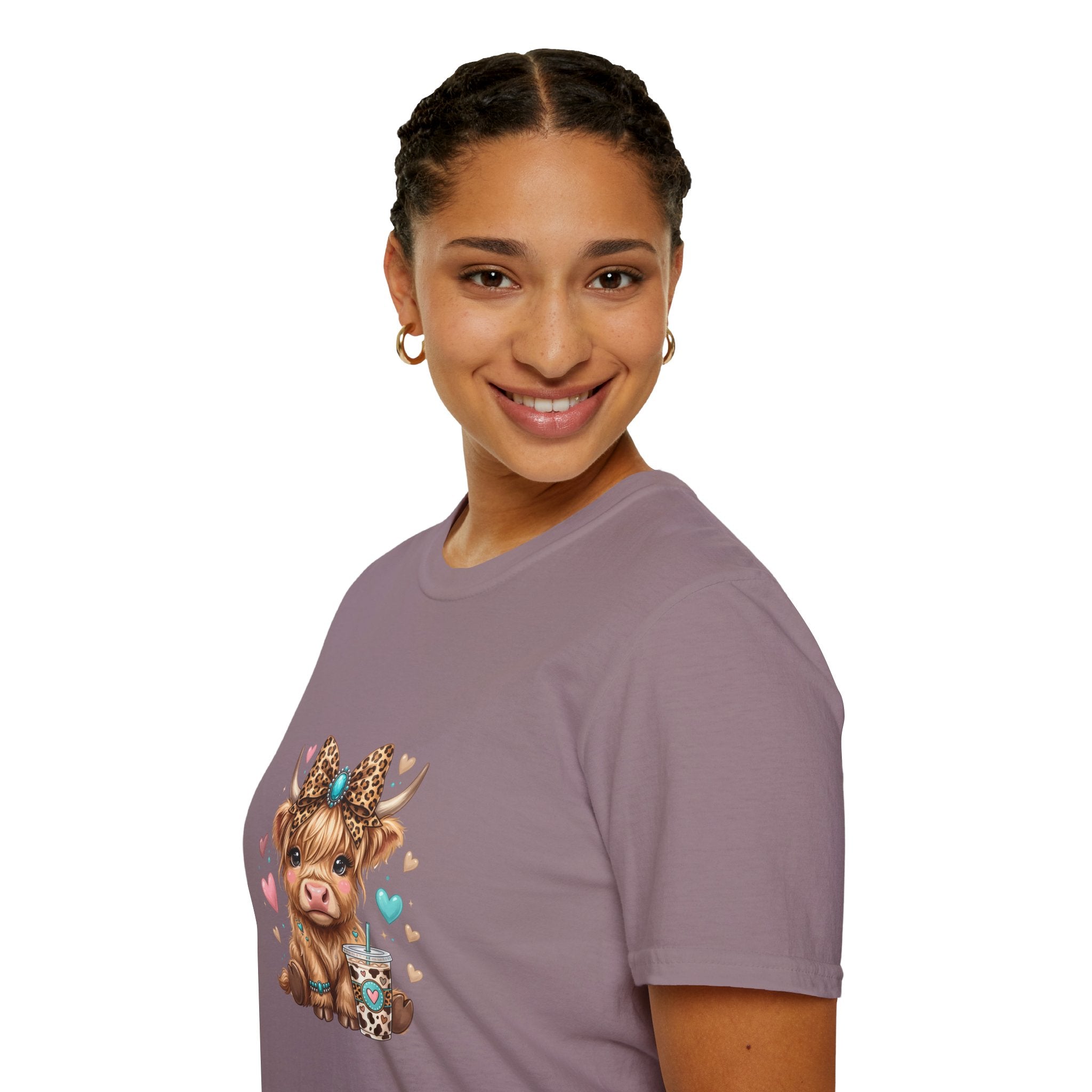 Highland Cow Leopard Bow T-Shirt — Cute Funny Gift for Her Hearts Graphic Tee