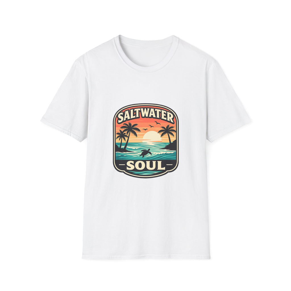 Saltwater Soul Retro Beach T-Shirt — Cute Coastal Gift for Women Sunset Palm Tee
