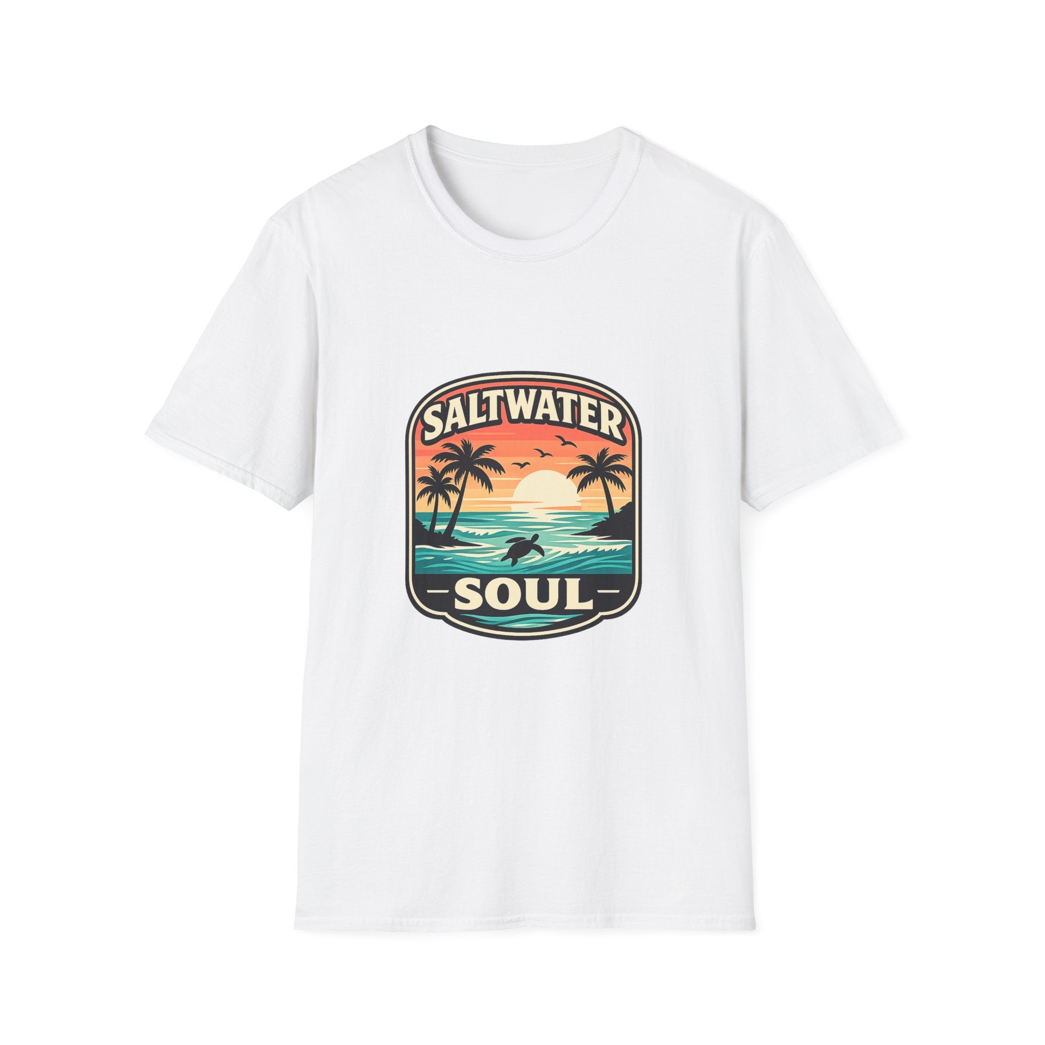 Saltwater Soul Retro Beach T-Shirt — Cute Coastal Gift for Women Sunset Palm Tee