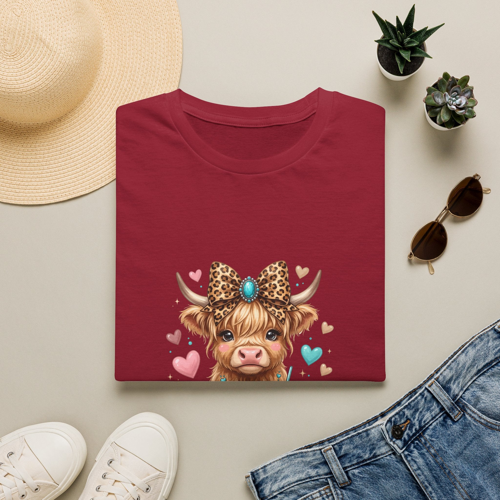 Highland Cow Leopard Bow T-Shirt — Cute Funny Gift for Her Hearts Graphic Tee