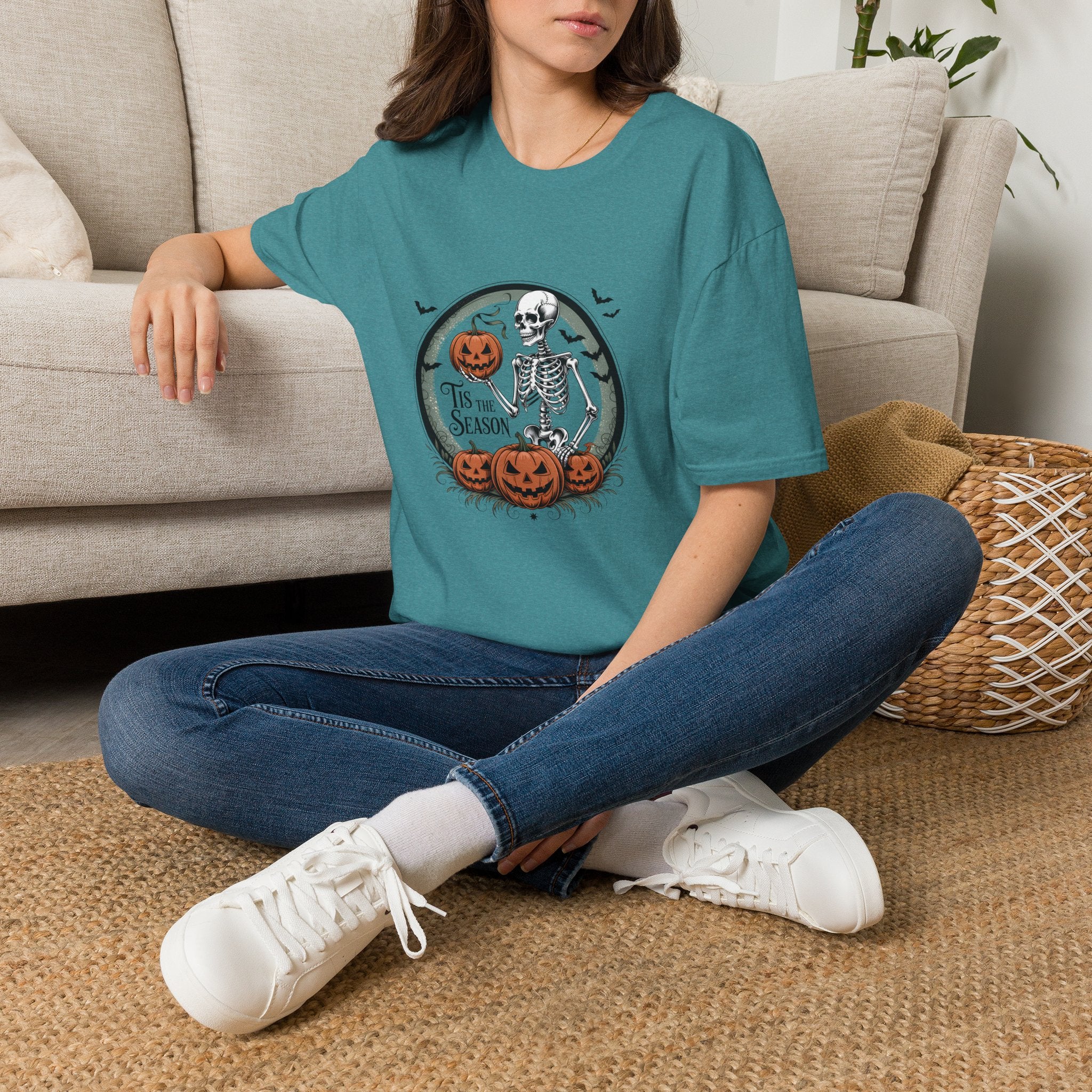 Tis the Season Skeleton Pumpkin T-Shirt — Funny Halloween Gift for Women Graphic Tee