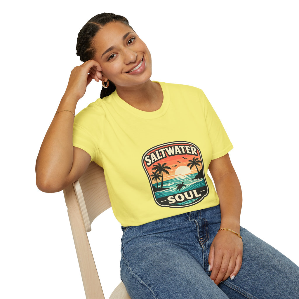 Saltwater Soul Retro Beach T-Shirt — Cute Coastal Gift for Women Sunset Palm Tee