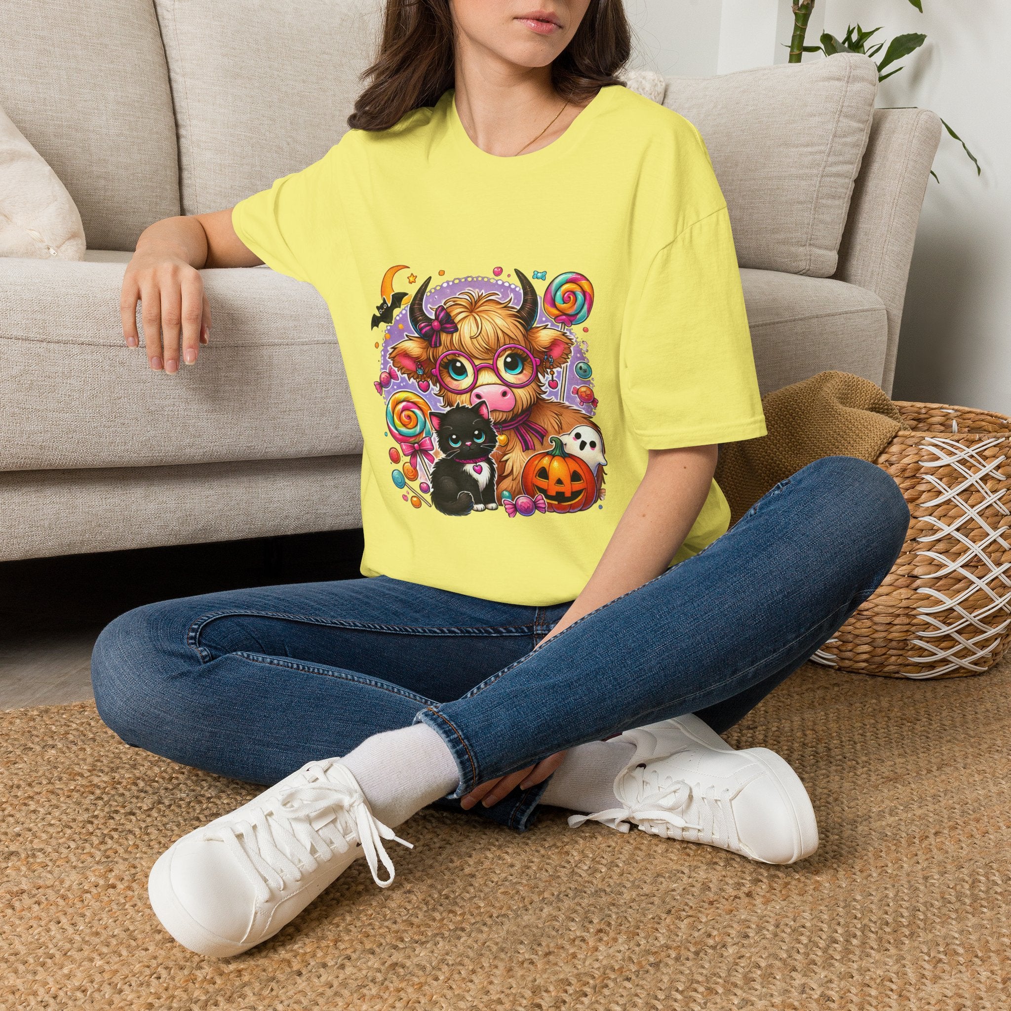 Cute Halloween Cow T-Shirt — Funny Gift for Her Candy Pumpkins & Kitty Costume Tee