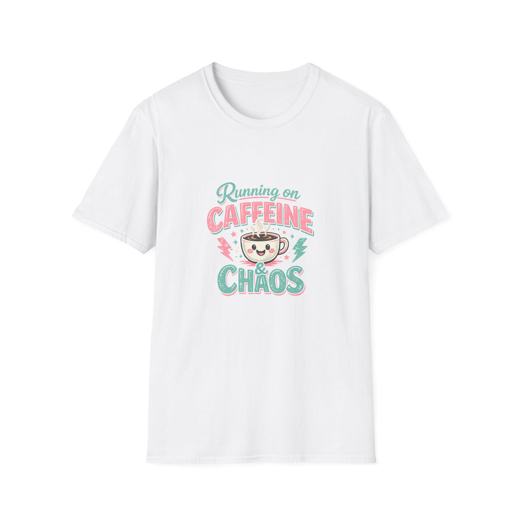 Running on Caffeine & Chaos T-Shirt — Funny Gift for Coffee Loving Moms Graphic Tee