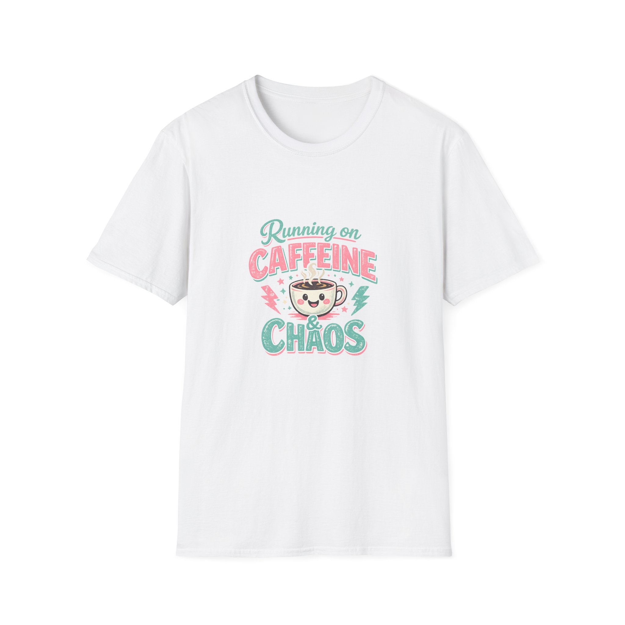Running on Caffeine & Chaos T-Shirt — Funny Gift for Coffee Loving Moms Graphic Tee