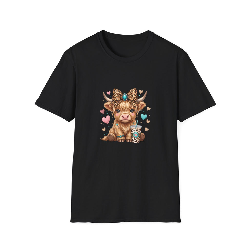 Highland Cow Leopard Bow T-Shirt — Cute Funny Gift for Her Hearts Graphic Tee
