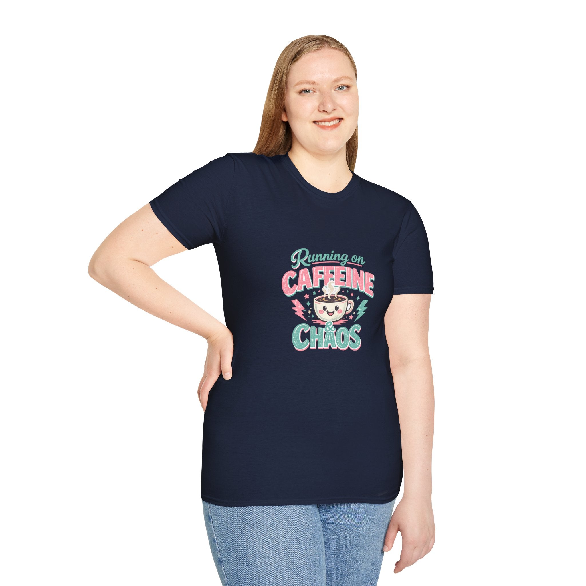 Running on Caffeine & Chaos T-Shirt — Funny Gift for Coffee Loving Moms Graphic Tee