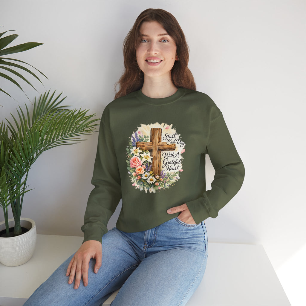 Christian Crewneck Sweatshirt — "Start Each Day with a Grateful Heart" Floral Cross