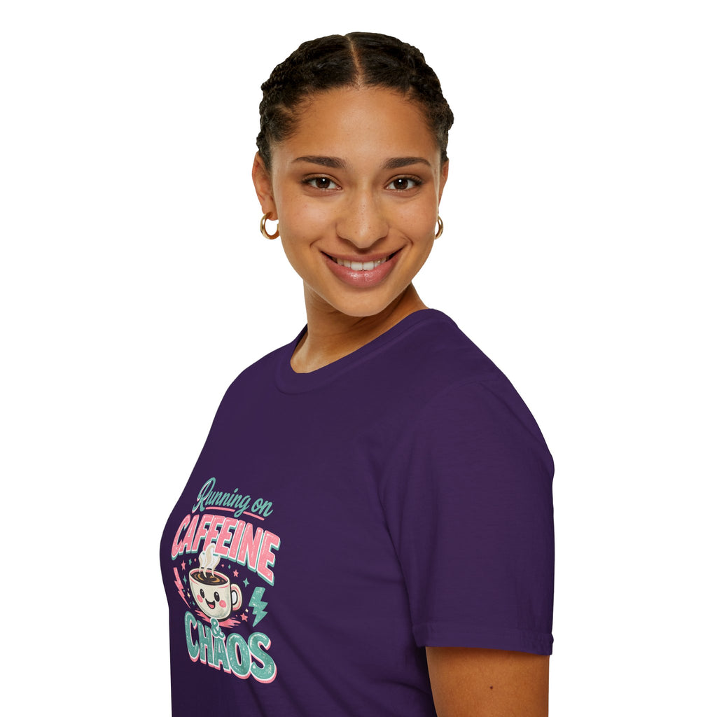 Running on Caffeine & Chaos T-Shirt — Funny Gift for Coffee Loving Moms Graphic Tee