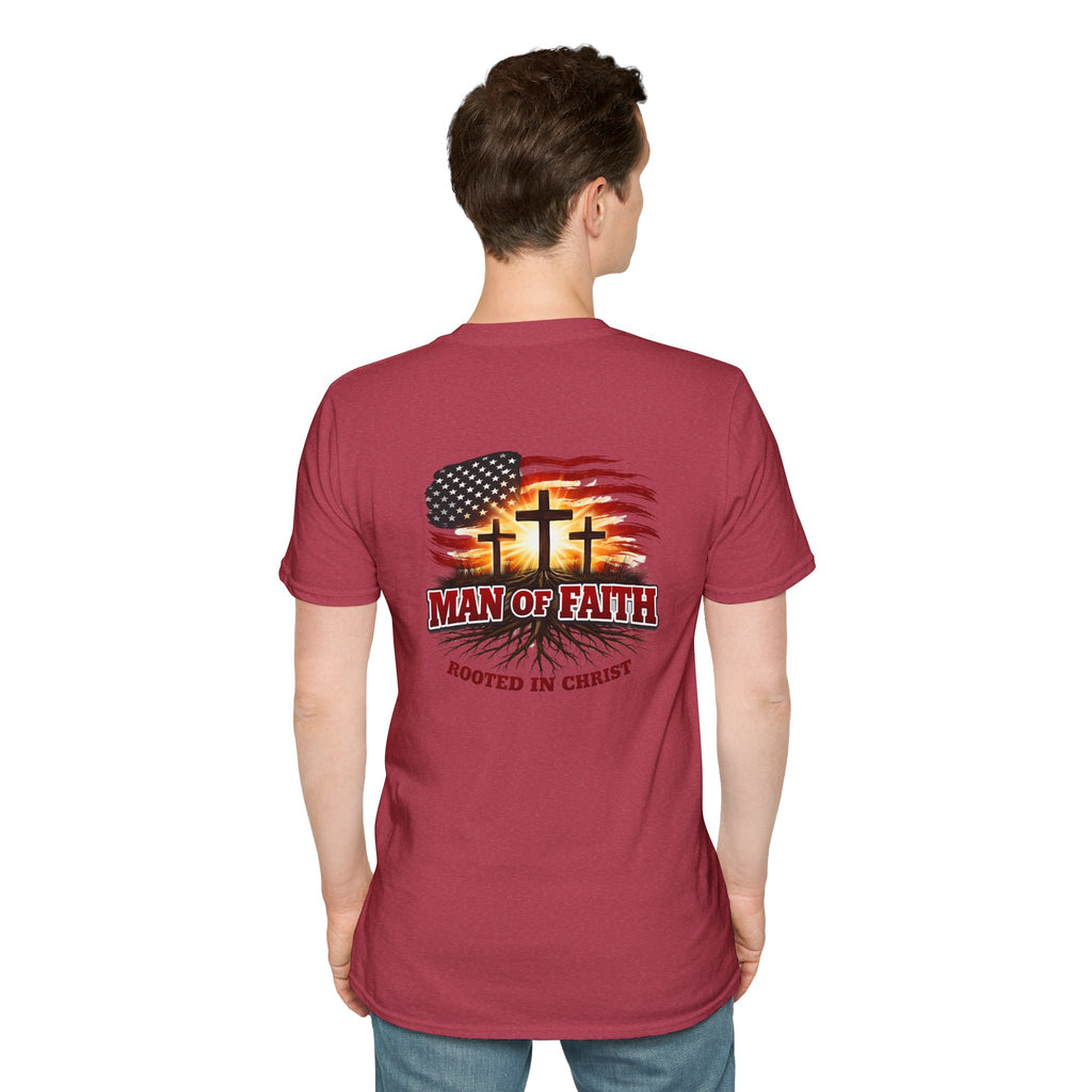 Man of Faith Rooted in Christ T-Shirt — Christian Gift for Him Flag & Cross Back Print Graphic Tee