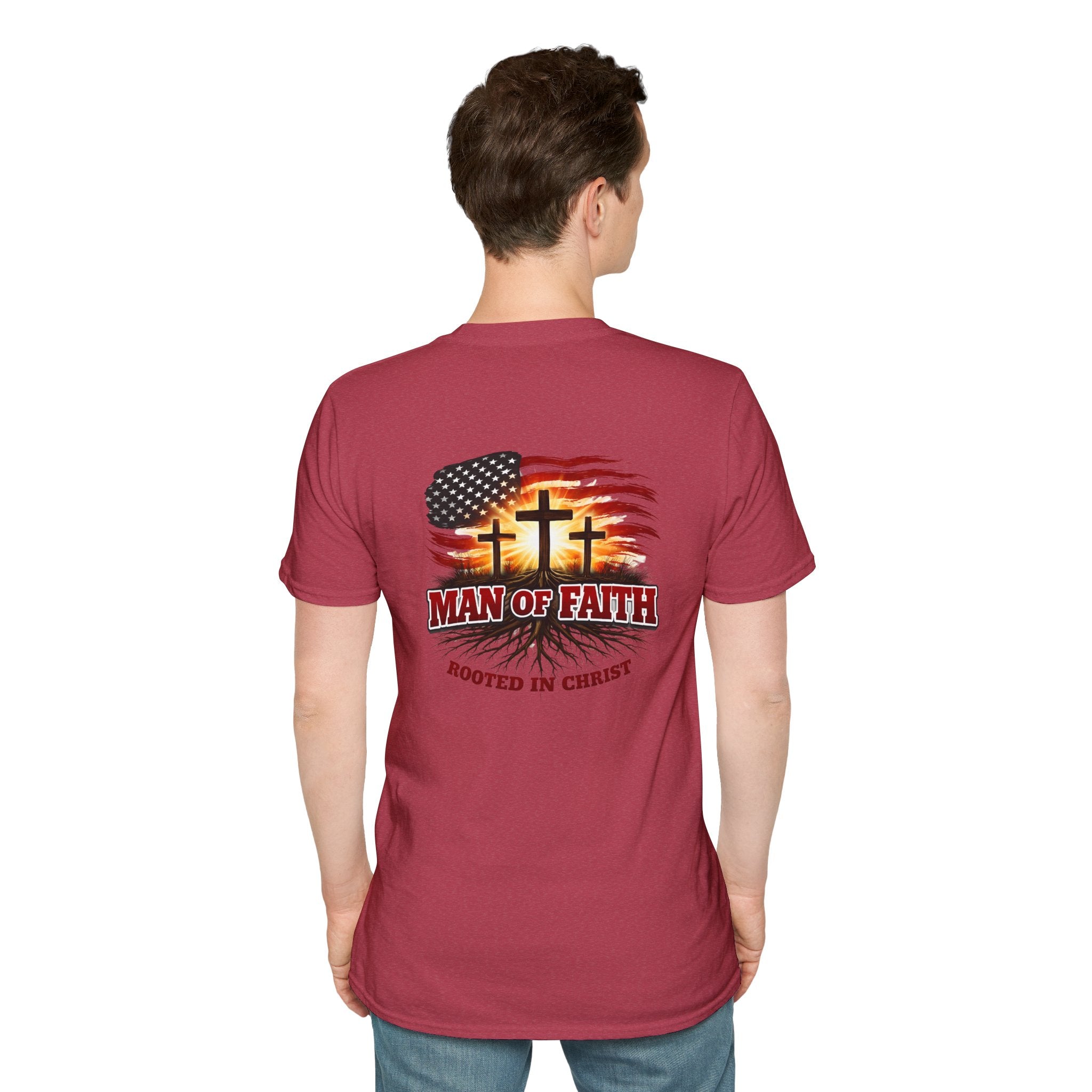 Man of Faith Rooted in Christ T-Shirt — Christian Gift for Him Flag & Cross Back Print Graphic Tee