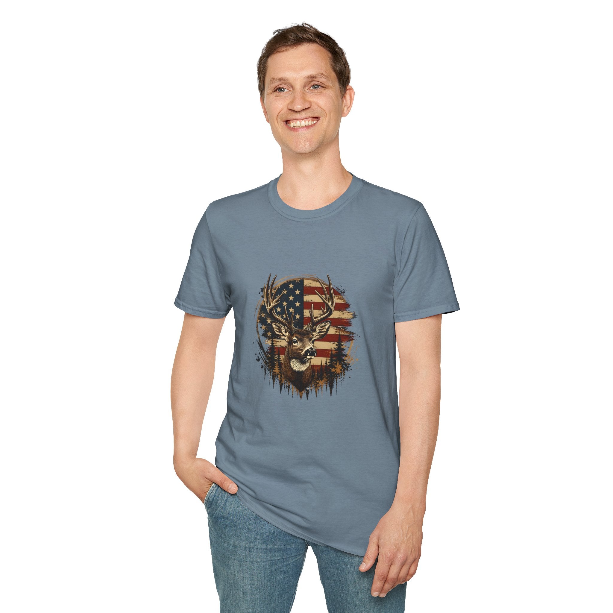 American Flag Deer T-Shirt — Patriotic Buck Gift for Hunters Men's Graphic Tee