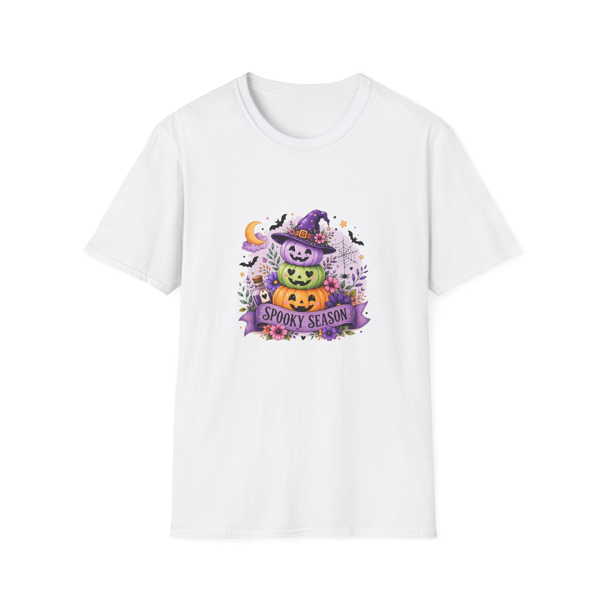 Spooky Season Pumpkin Stack T-Shirt — Cute Halloween Gift for Women Witch Hat Tee