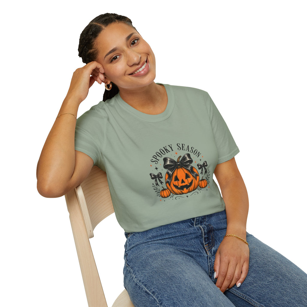Spooky Season Jack-O'-Lantern Bow T-Shirt — Cute Halloween Gift for Women Graphic Tee