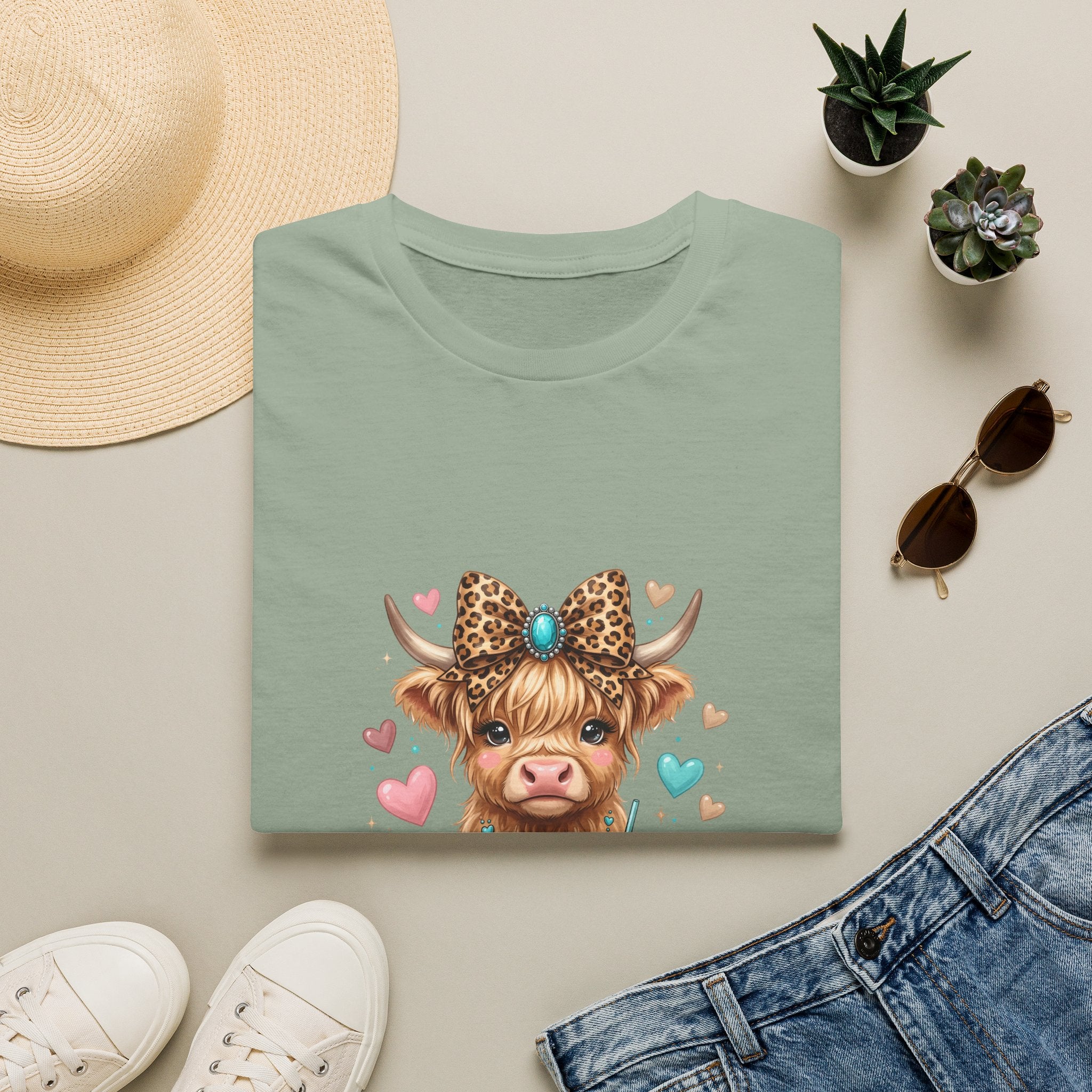 Highland Cow Leopard Bow T-Shirt — Cute Funny Gift for Her Hearts Graphic Tee