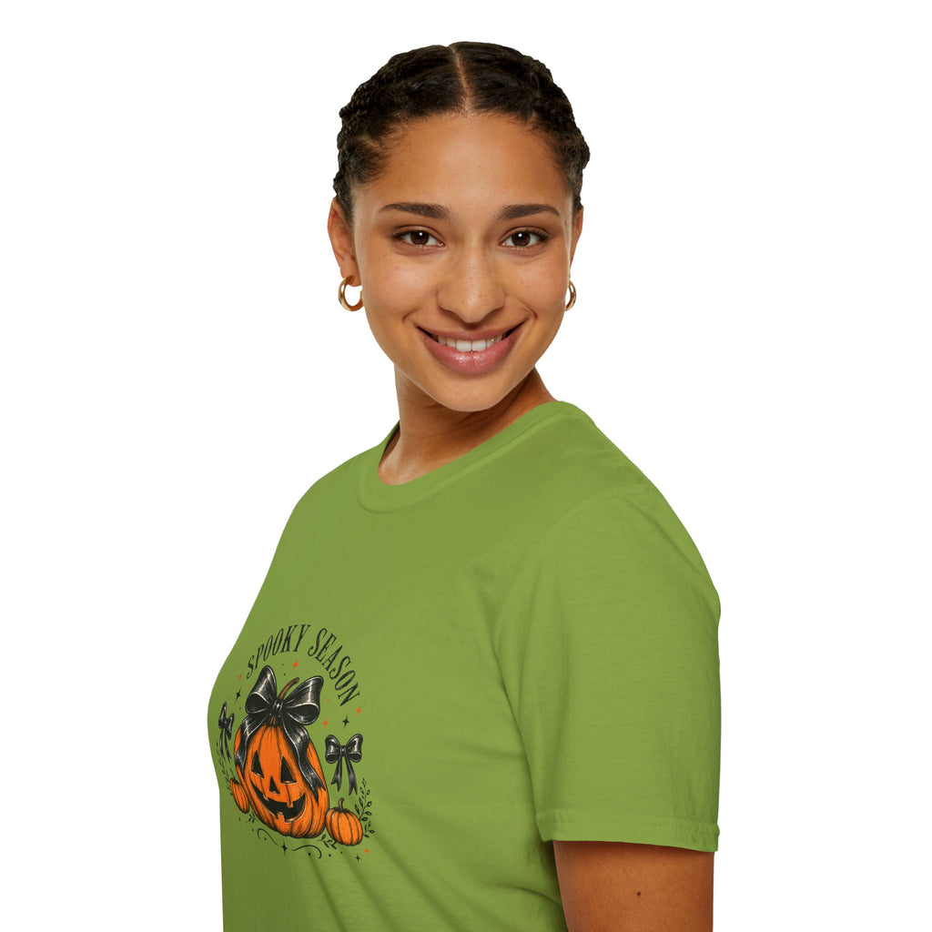 Spooky Season Jack-O'-Lantern Bow T-Shirt — Cute Halloween Gift for Women Graphic Tee