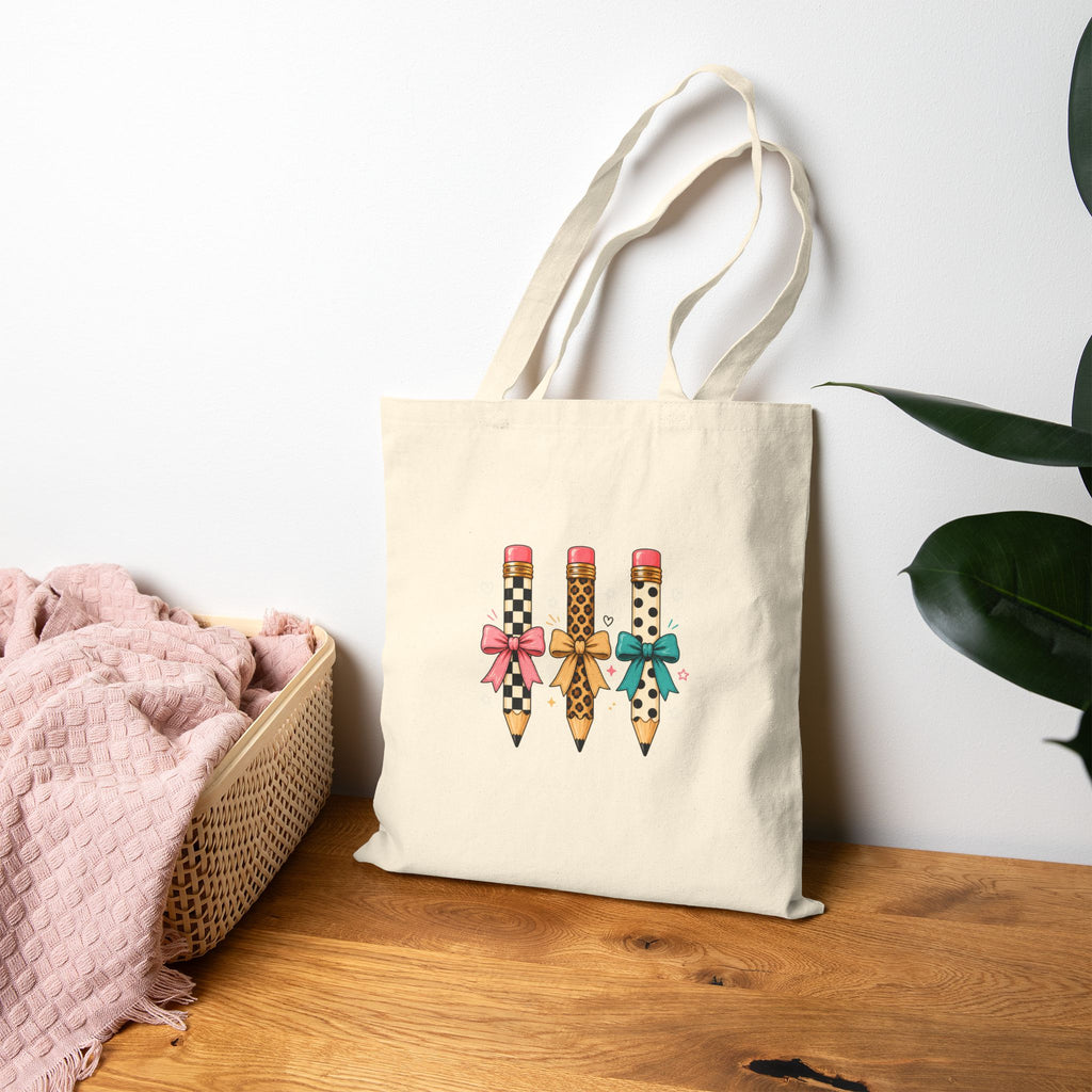 Canvas Tote Bag — Cute Decorative Pencils with Bows | School Teacher Gift