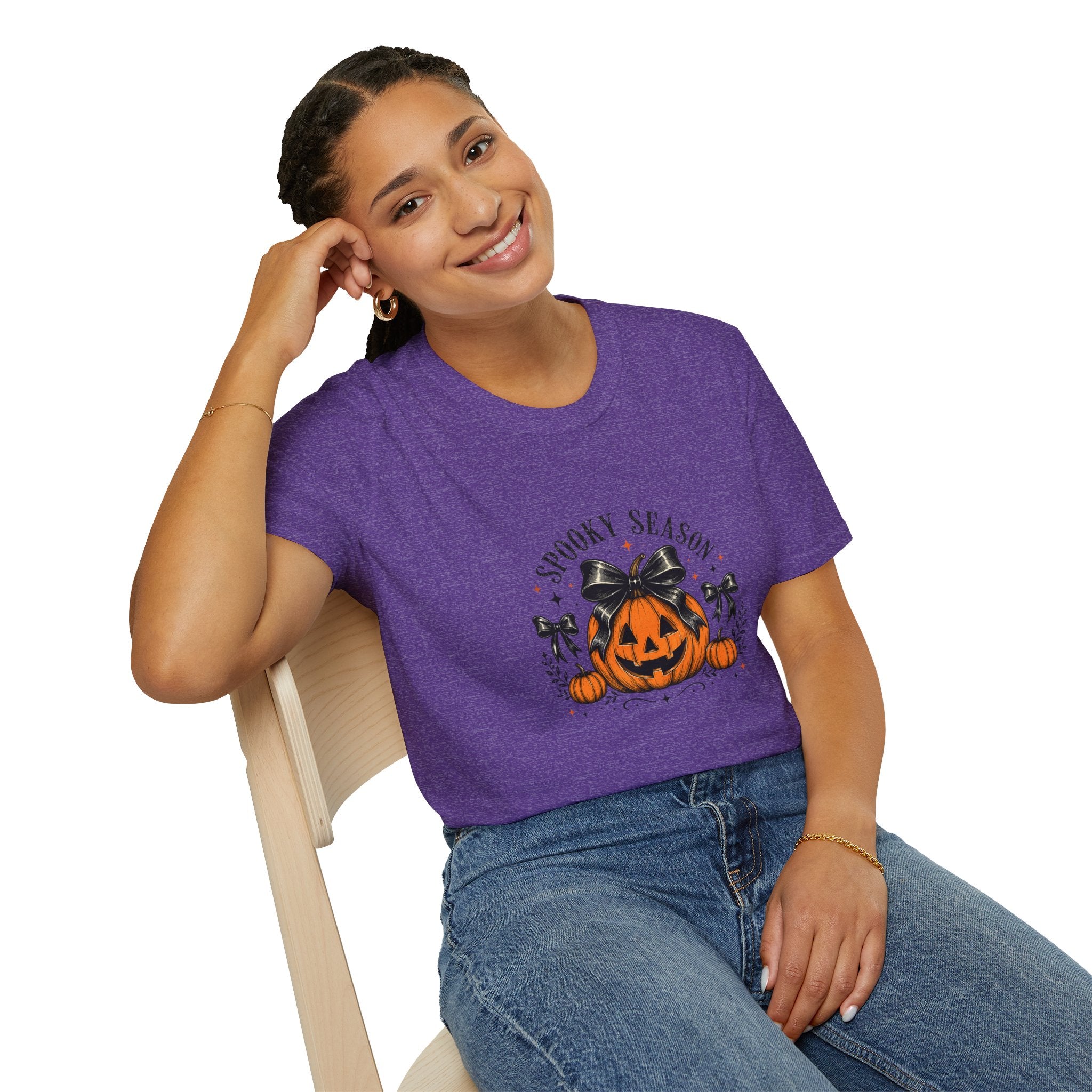 Spooky Season Jack-O'-Lantern Bow T-Shirt — Cute Halloween Gift for Women Graphic Tee