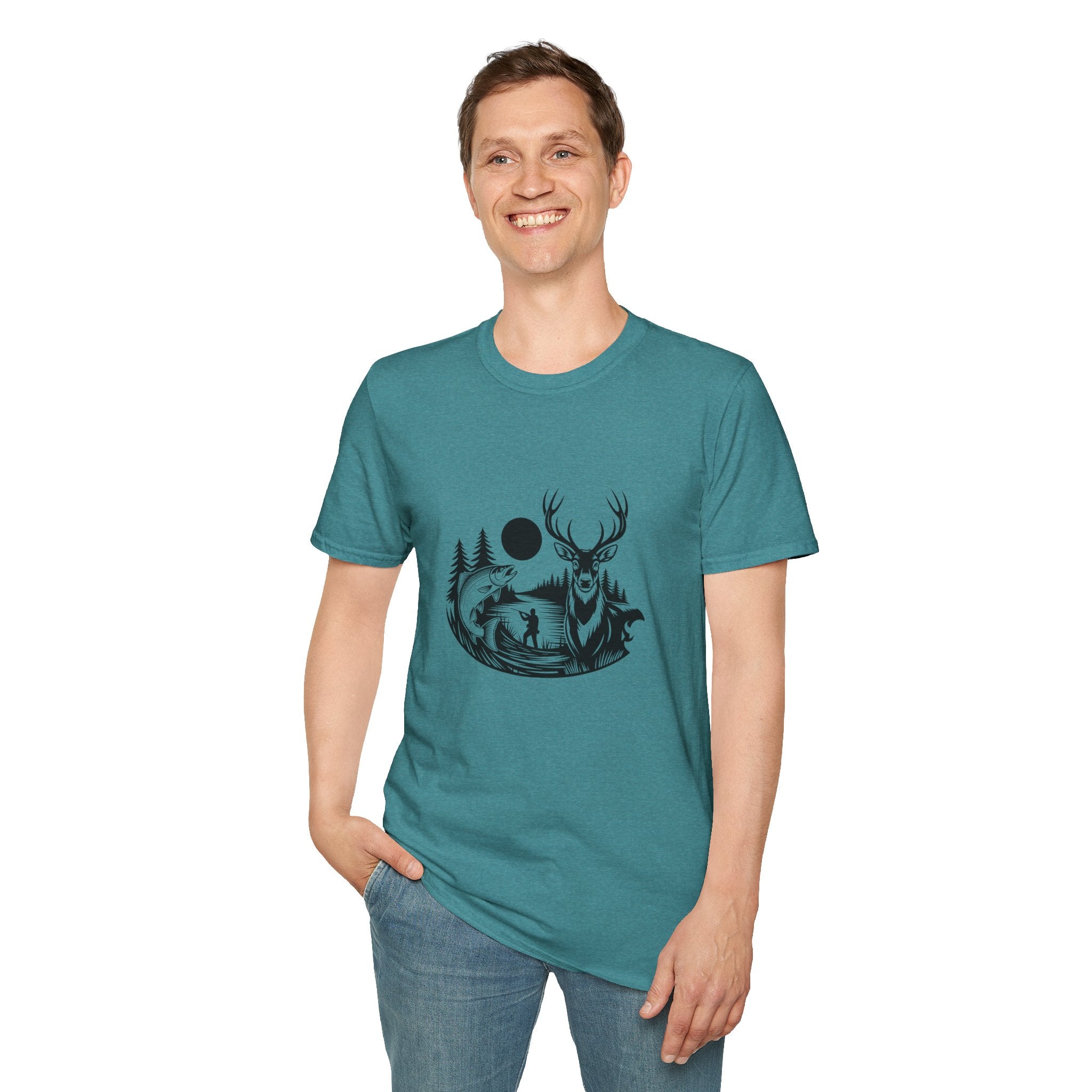 Deer & Fish Forest Silhouette T-Shirt — Rustic Outdoor Gift for Hunters Graphic Tee