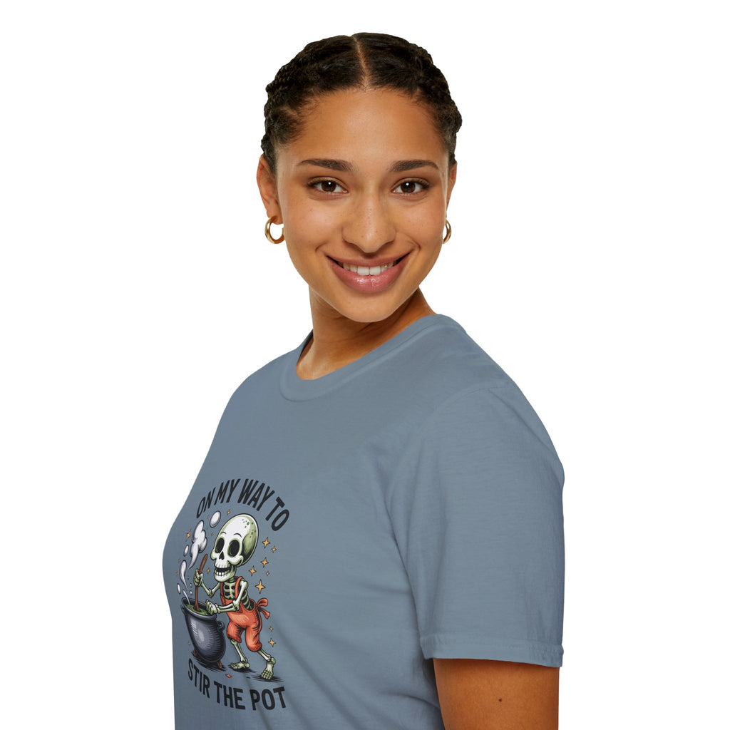 On My Way to Stir the Pot Skeleton T-Shirt — Funny Halloween Gift for Women