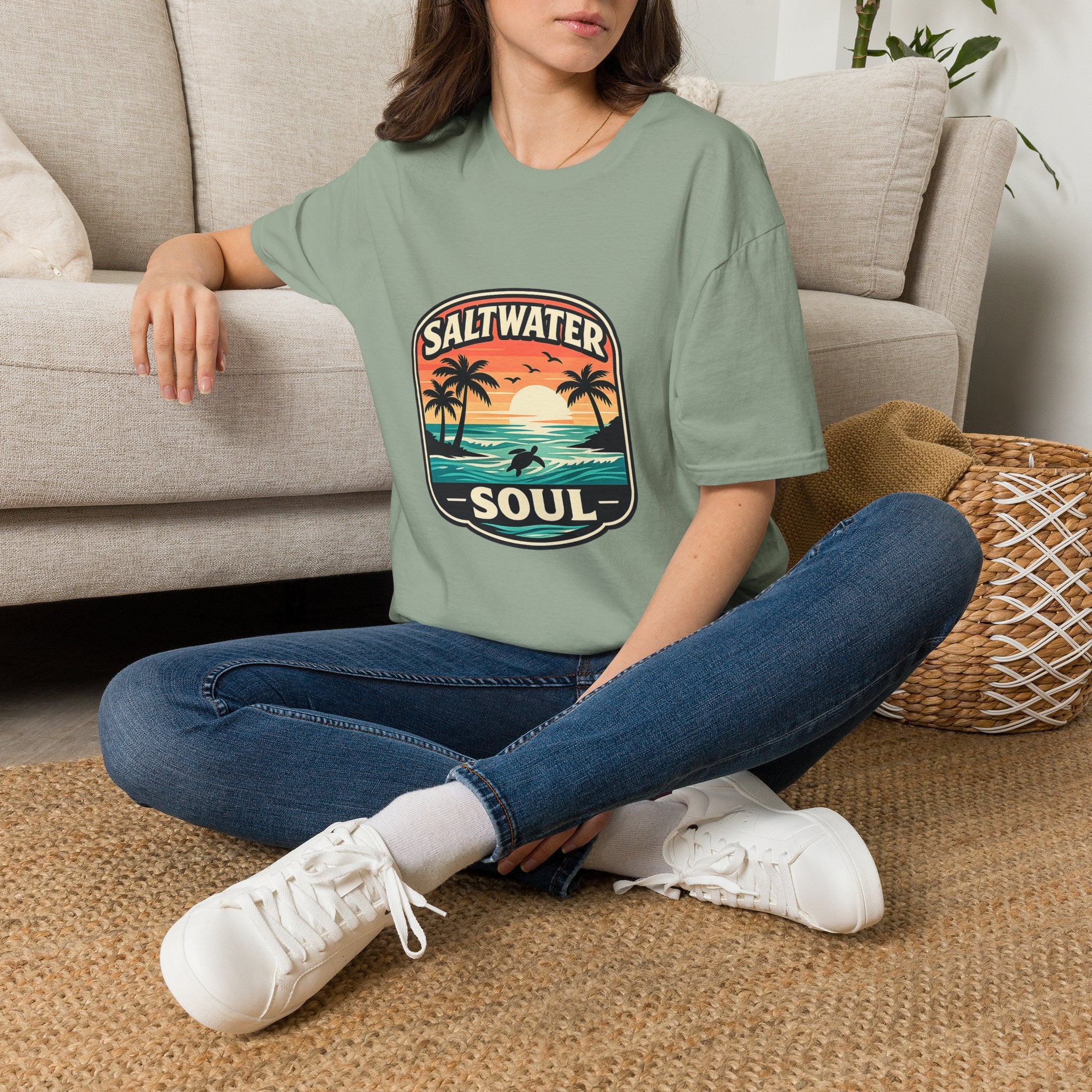 Saltwater Soul Retro Beach T-Shirt — Cute Coastal Gift for Women Sunset Palm Tee