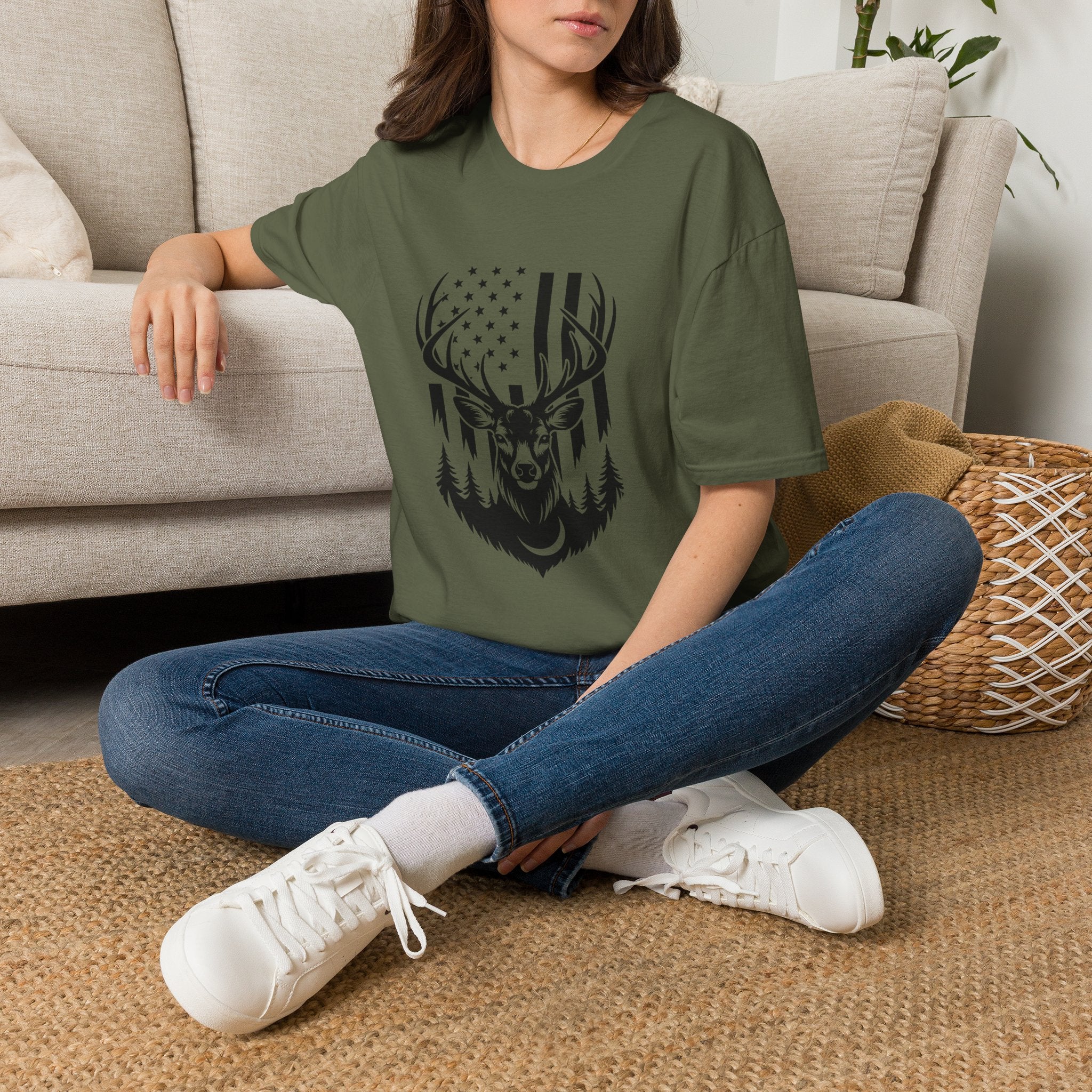 Rustic American Flag Buck T-Shirt — Patriotic Hunting Gift for Men Wildlife Tee