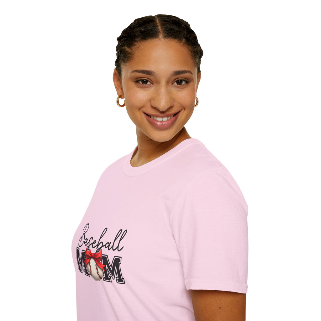 Baseball Mom T-Shirt — Cute Red Bow Gift for Sports Moms Game Day Graphic Tee