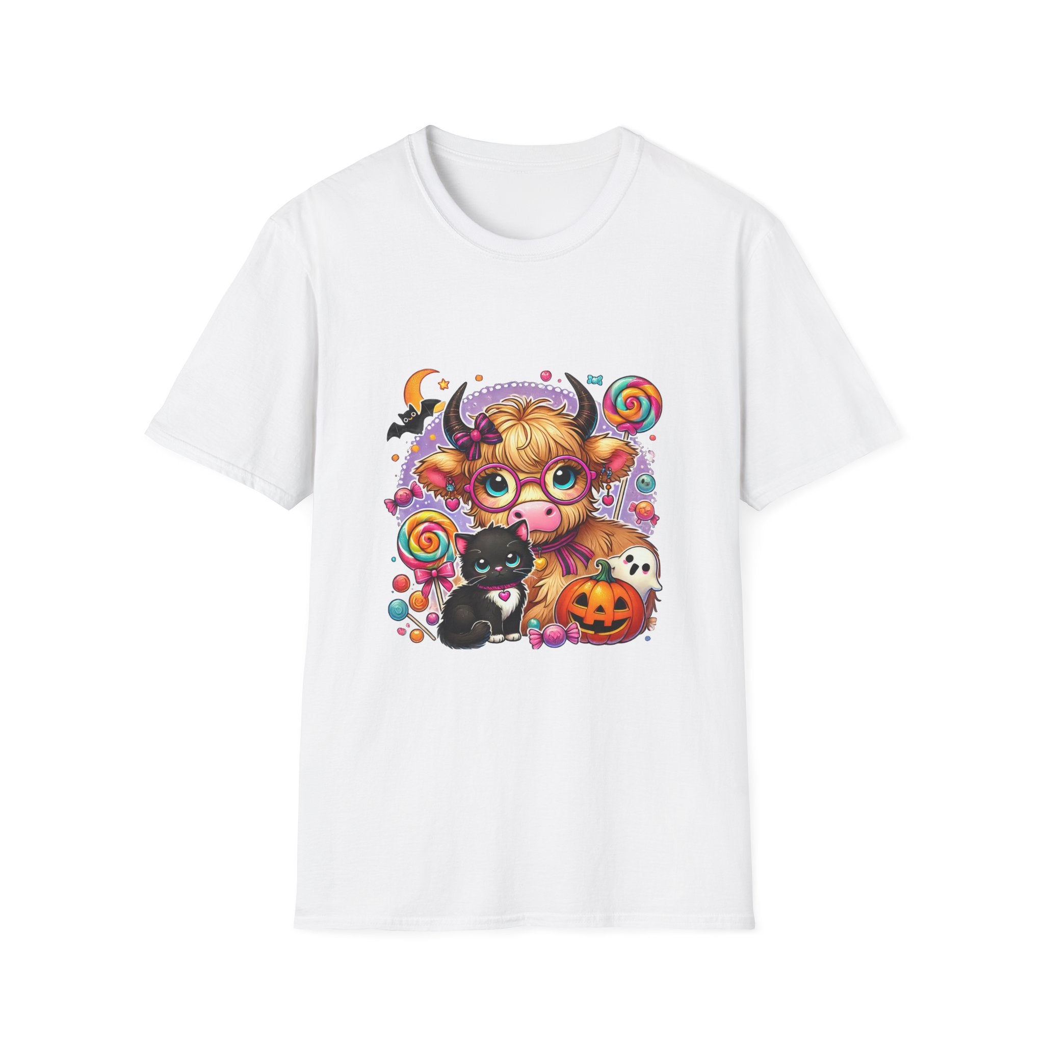 Cute Halloween Cow T-Shirt — Funny Gift for Her Candy Pumpkins & Kitty Costume Tee