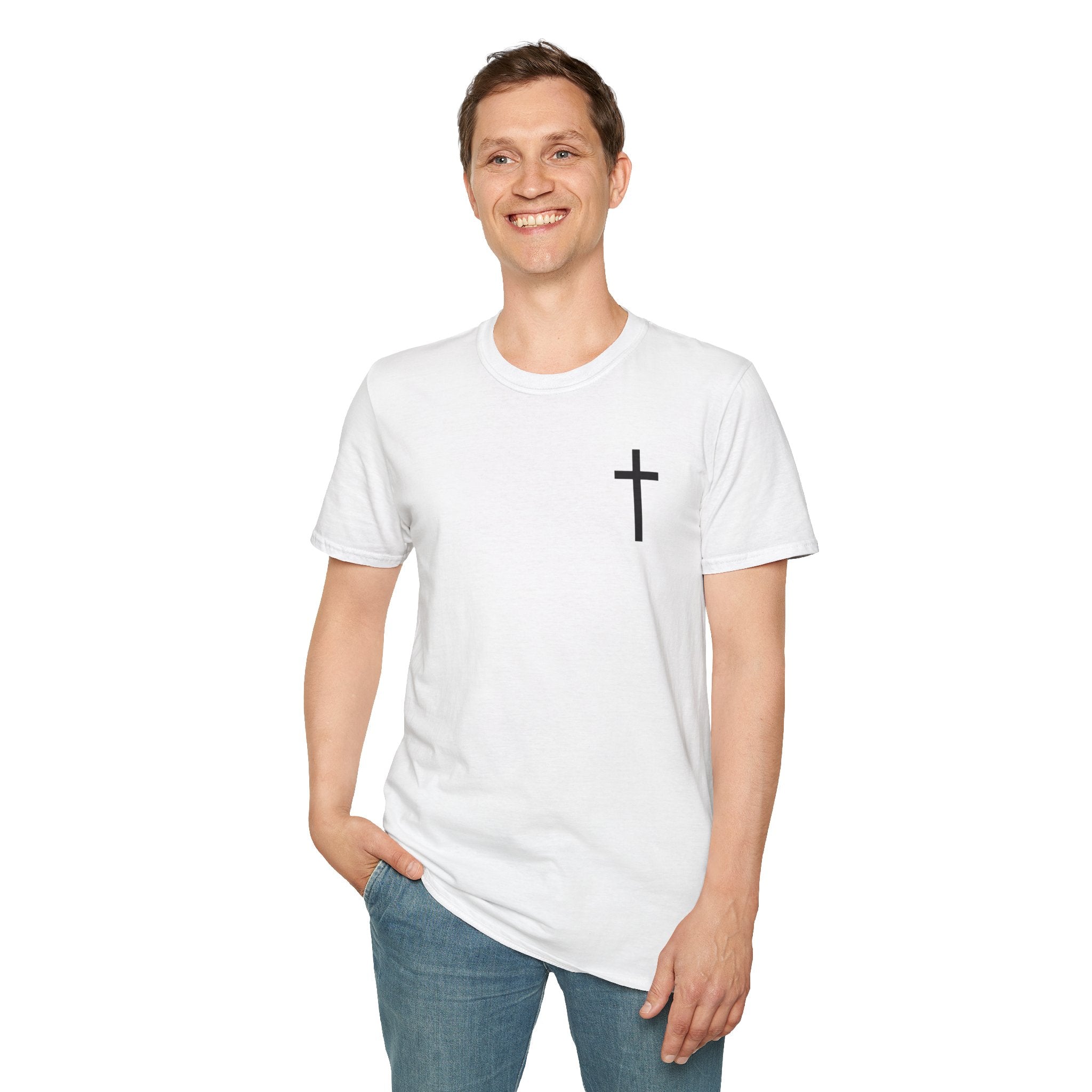 Man of Faith Rooted in Christ T-Shirt — Christian Gift for Him Flag & Cross Back Print Graphic Tee