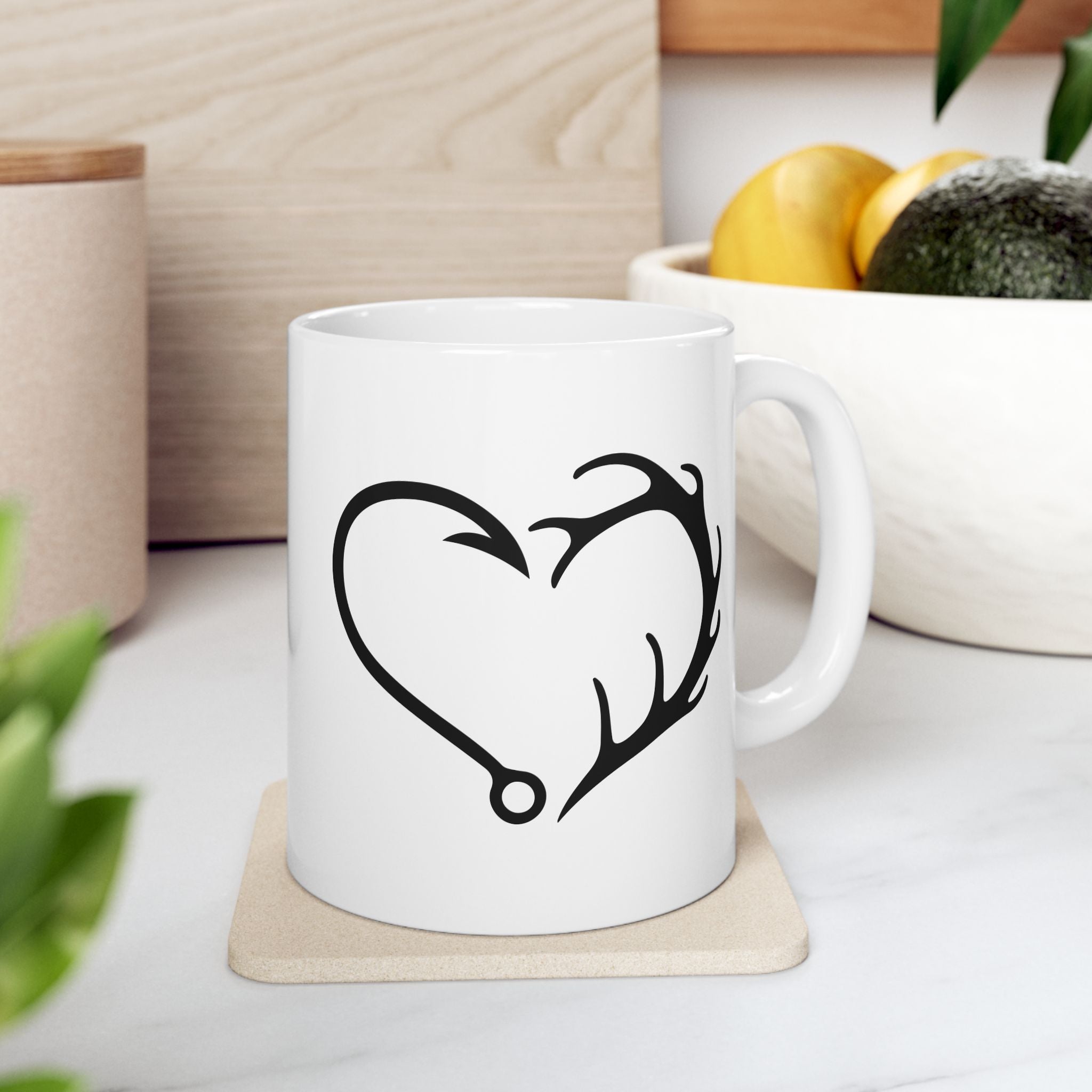 Antler Heart Ceramic Mug — Rustic Deer & Fishing Hook Gift for Him Coffee Cup 11oz 15oz