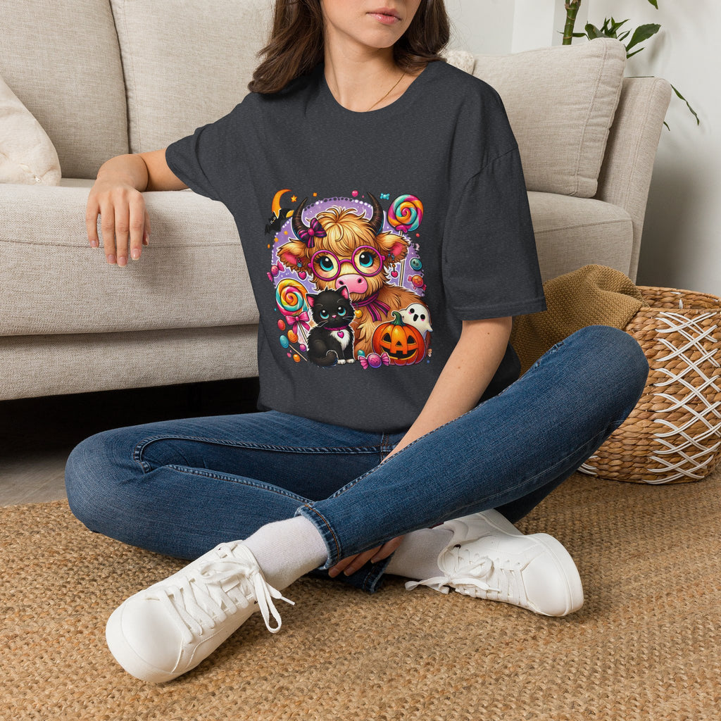 Cute Halloween Cow T-Shirt — Funny Gift for Her Candy Pumpkins & Kitty Costume Tee