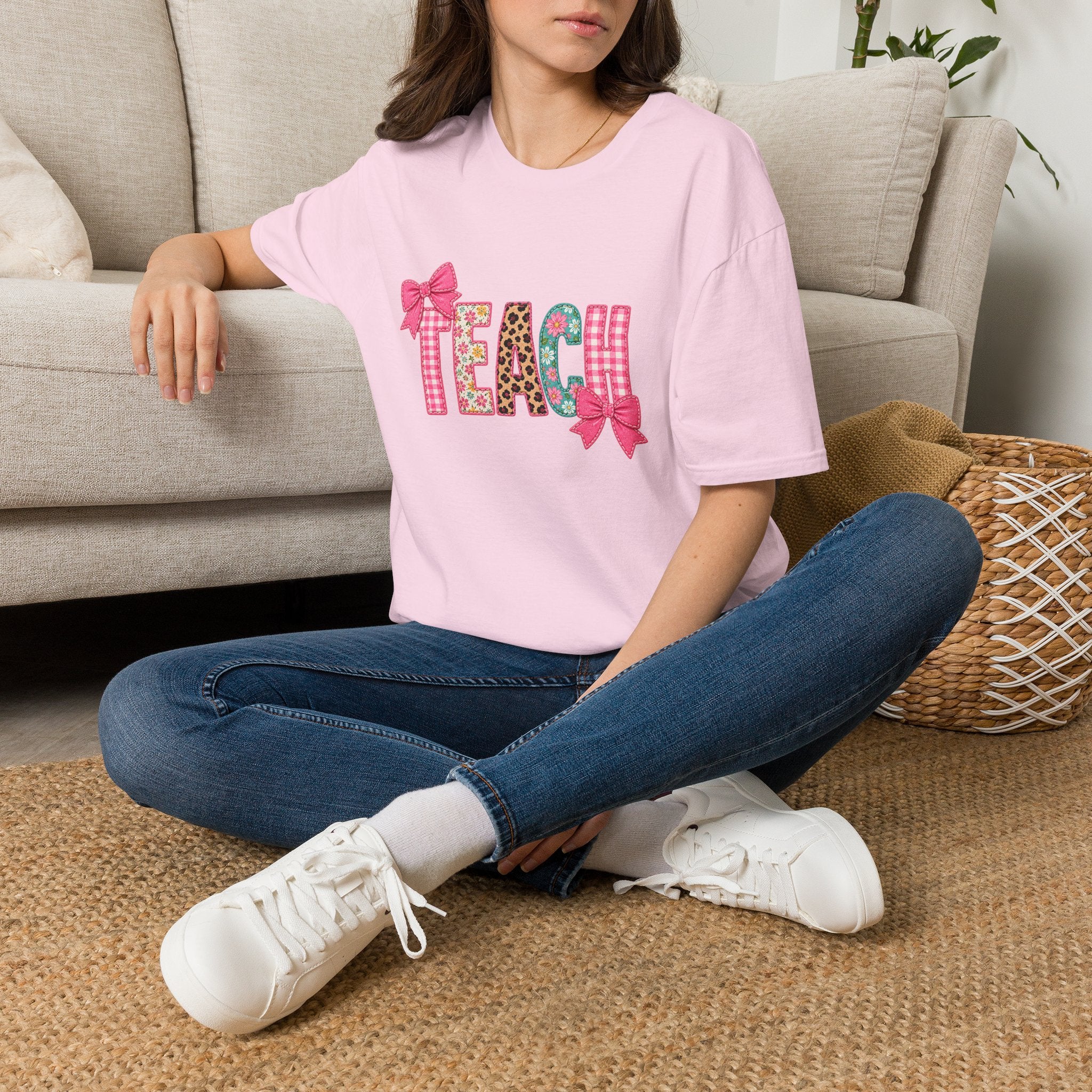 Floral Leopard TEACH T-Shirt — Cute Back-to-School Gift for Teachers Pink Bow Tee