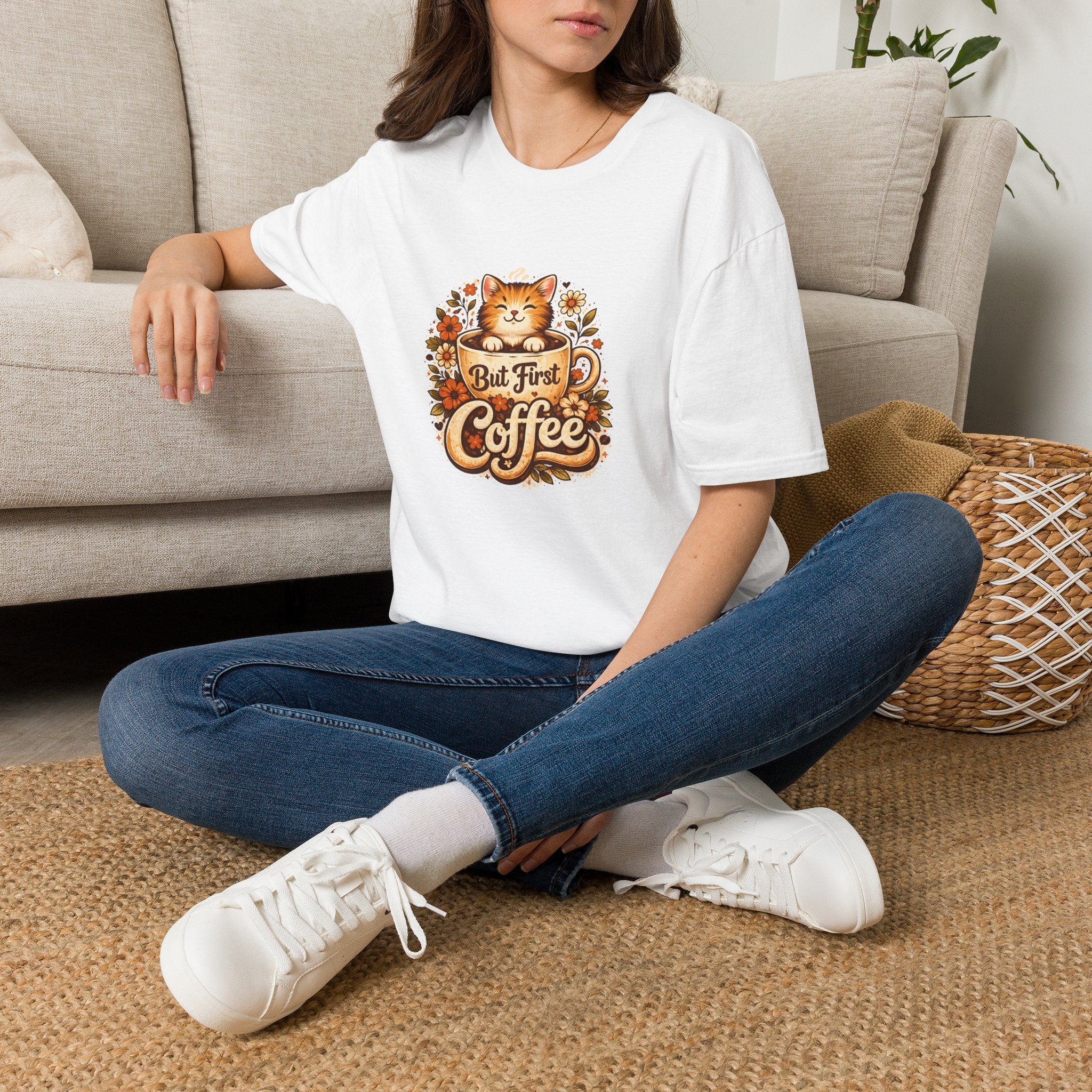 But First Coffee Cat T-Shirt — Cute Floral Gift for Coffee Lovers Women's Tee