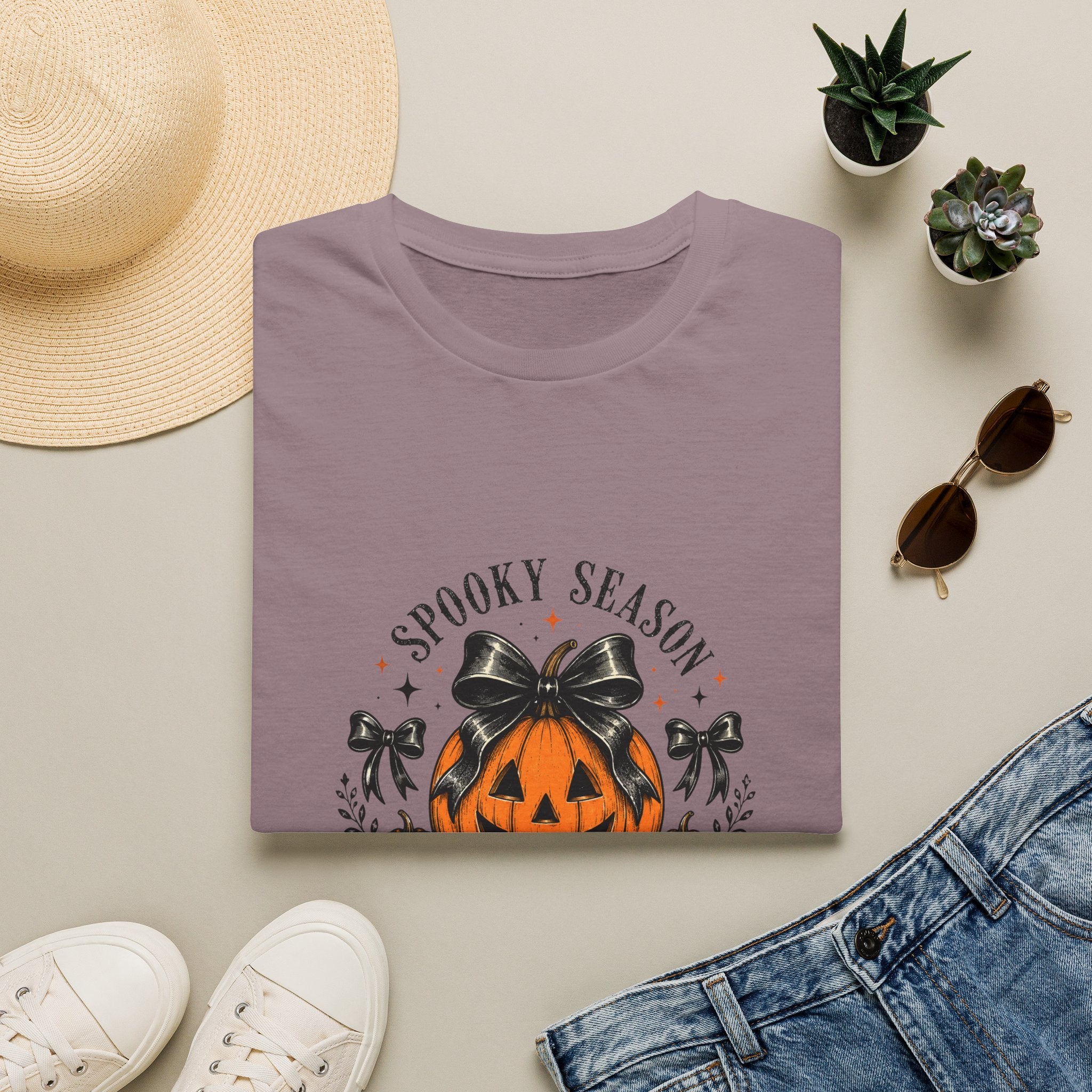 Spooky Season Jack-O'-Lantern Bow T-Shirt — Cute Halloween Gift for Women Graphic Tee
