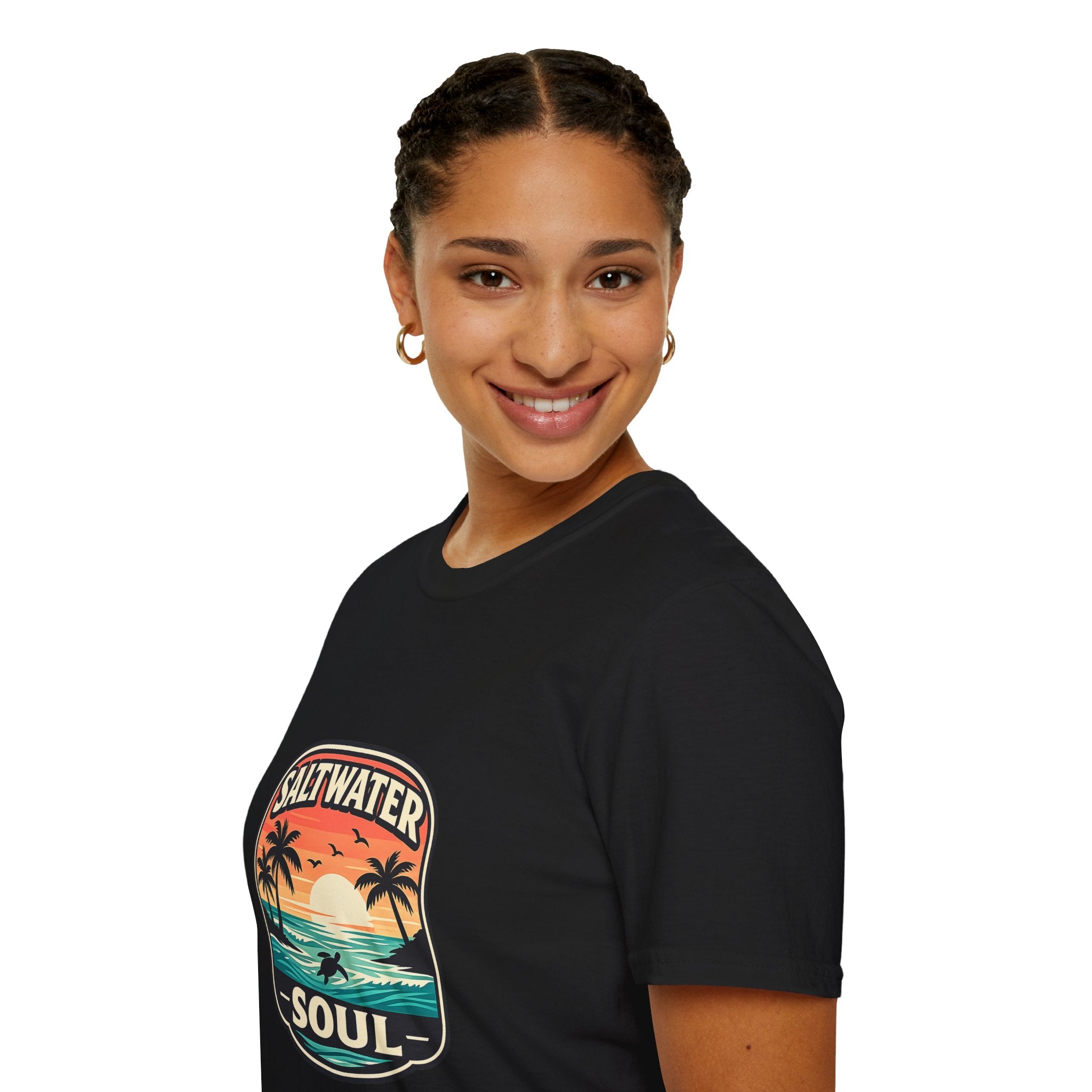 Saltwater Soul Retro Beach T-Shirt — Cute Coastal Gift for Women Sunset Palm Tee