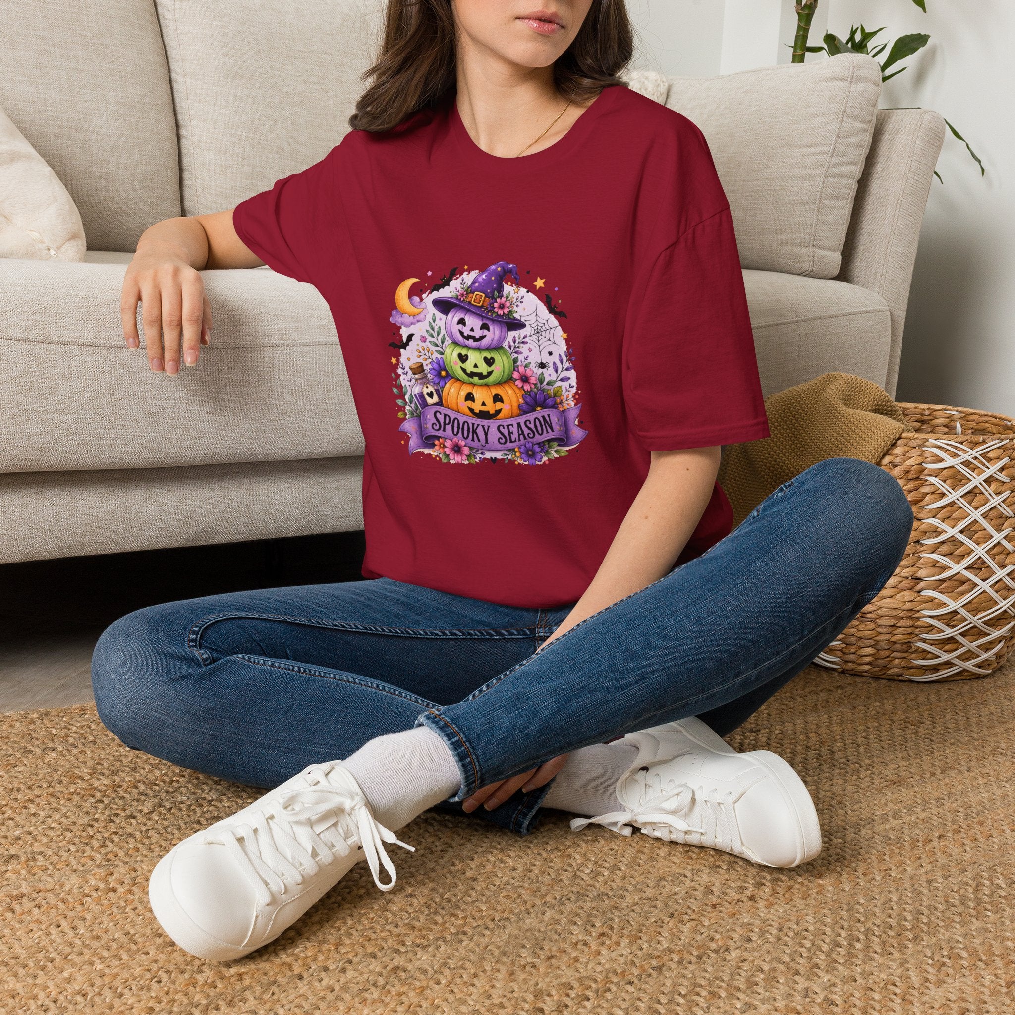 Spooky Season Pumpkin Stack T-Shirt — Cute Halloween Gift for Women Witch Hat Tee