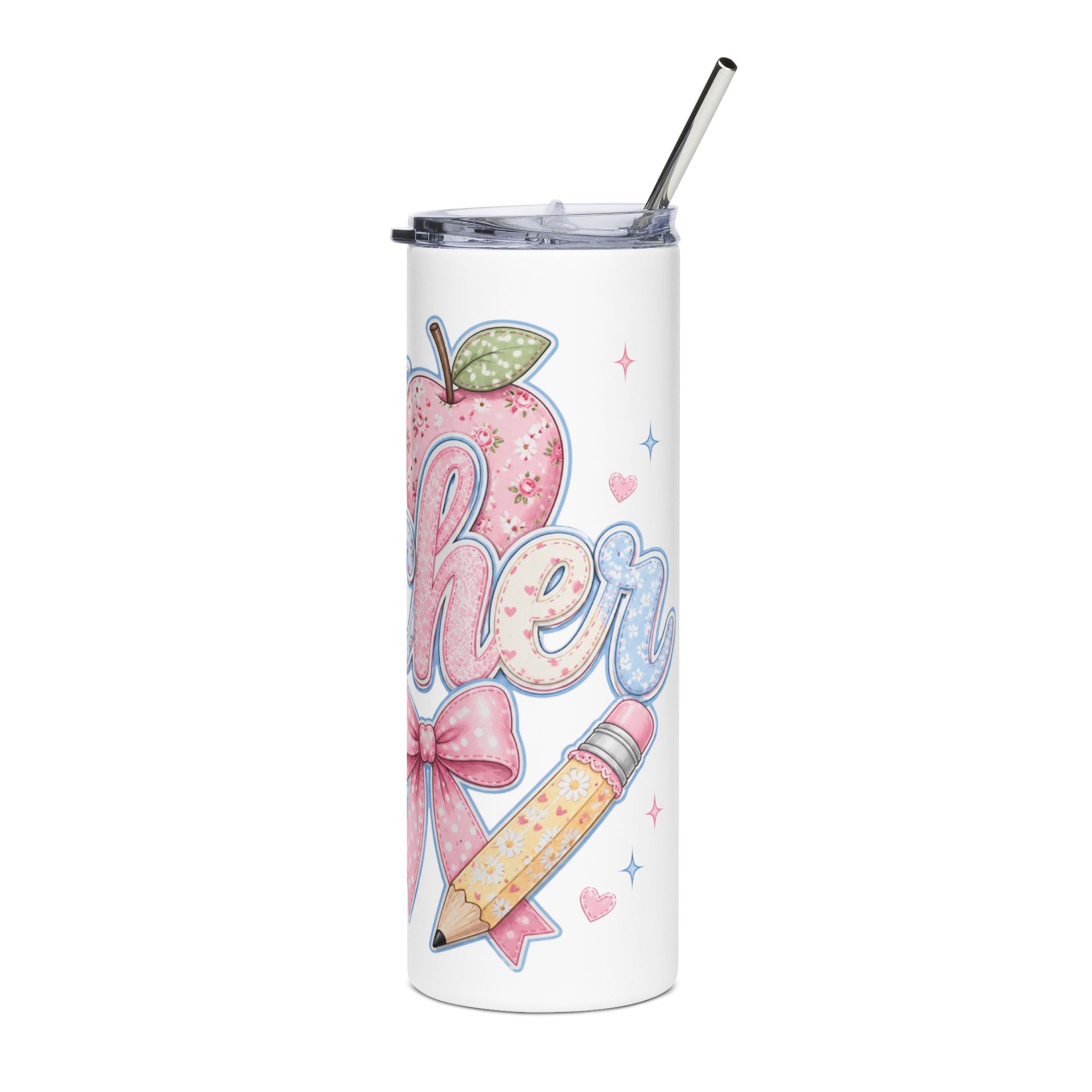 Cute Pastel Books & Apple Teacher Tumbler — Cute Appreciation Gift for Teachers 20oz
