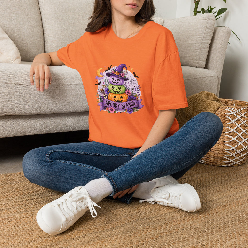 Spooky Season Pumpkin Stack T-Shirt — Cute Halloween Gift for Women Witch Hat Tee