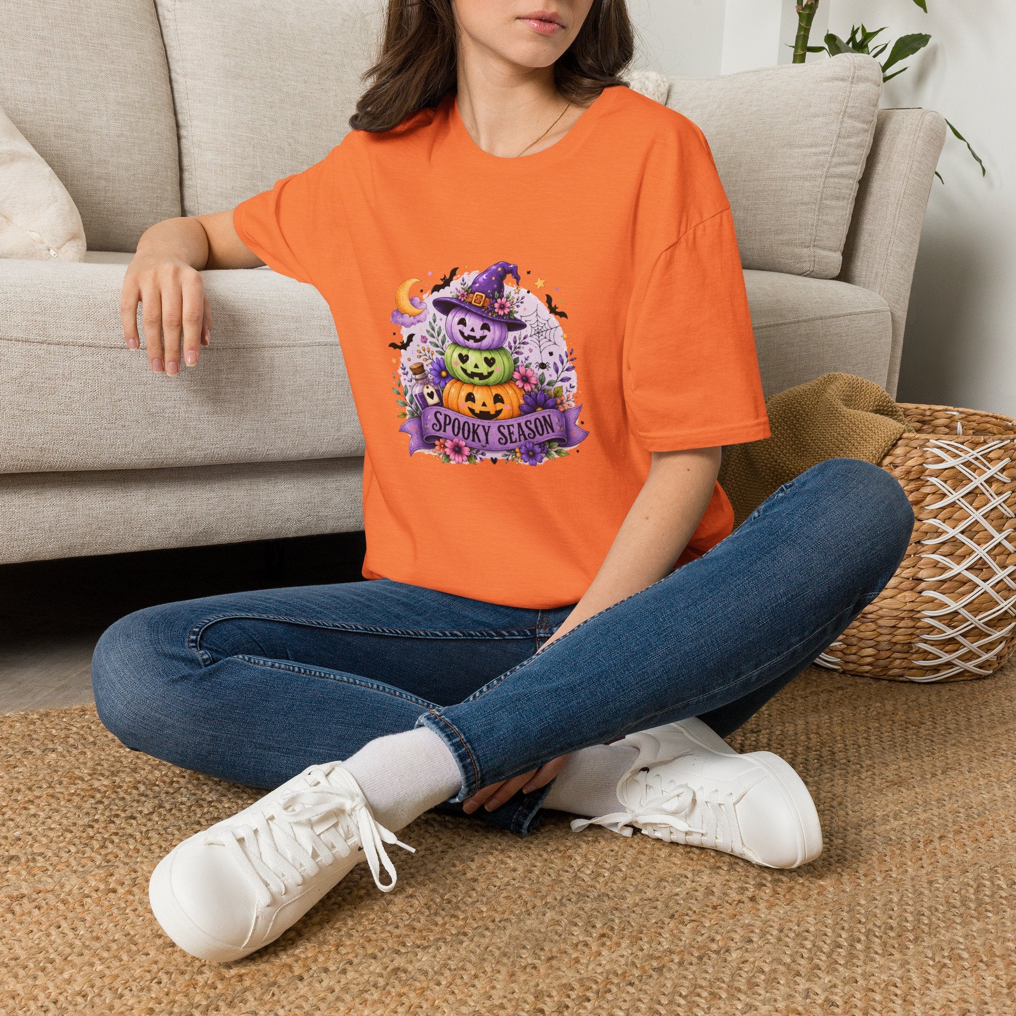 Spooky Season Pumpkin Stack T-Shirt — Cute Halloween Gift for Women Witch Hat Tee