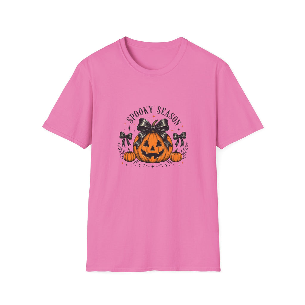 Spooky Season Jack-O'-Lantern Bow T-Shirt — Cute Halloween Gift for Women Graphic Tee