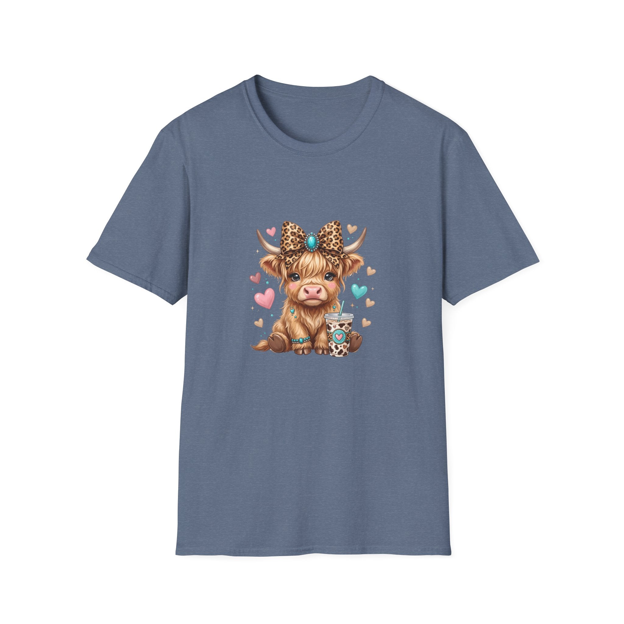 Highland Cow Leopard Bow T-Shirt — Cute Funny Gift for Her Hearts Graphic Tee