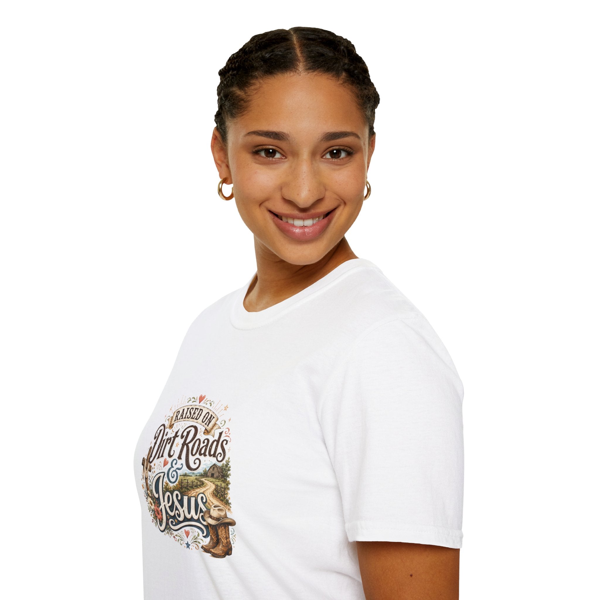 Raised on Dirt Roads & Jesus T-Shirt — Rustic Christian Gift for Women Faith Tee