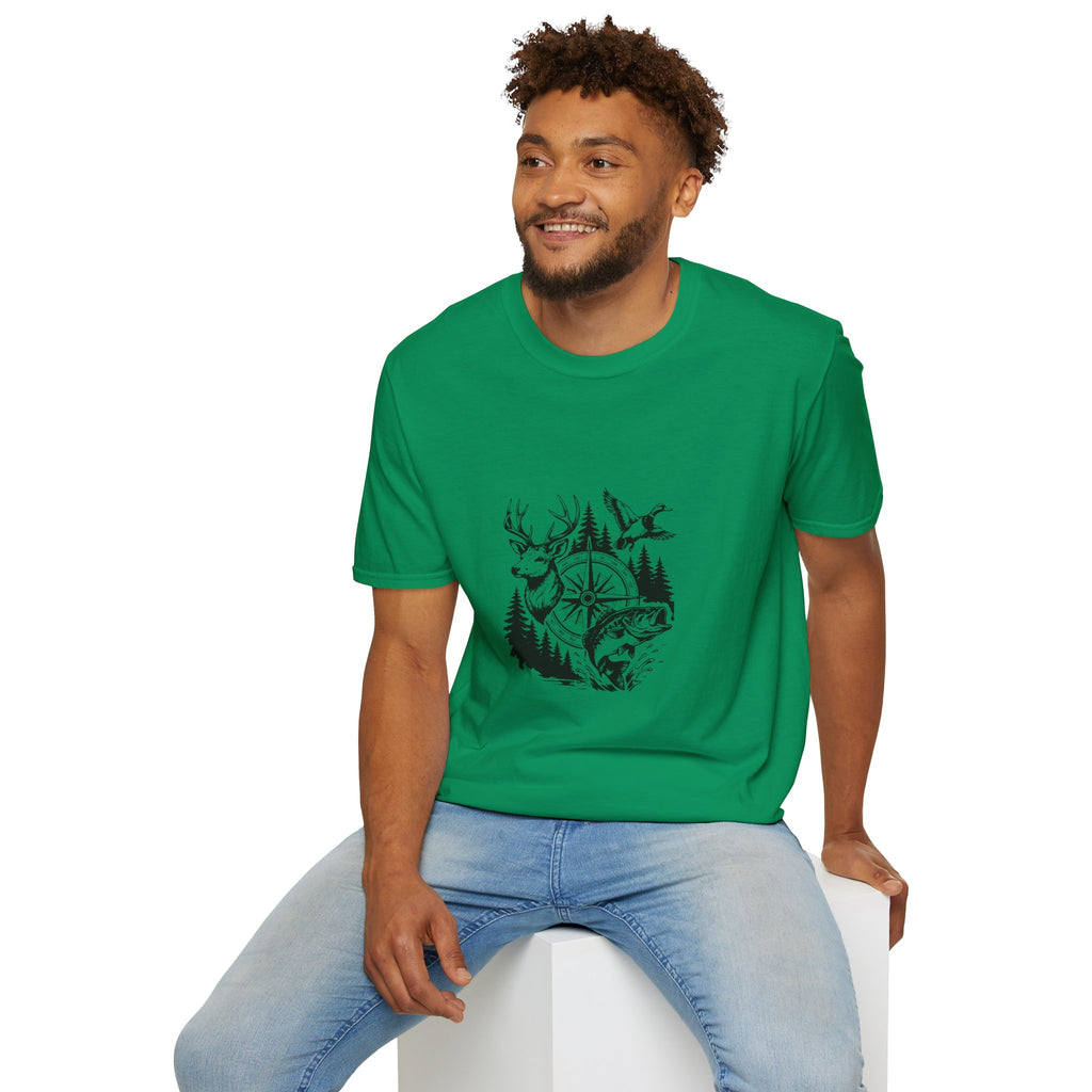 Outdoor Wildlife Compass T-Shirt — Deer Duck & Fish Nature Gift for Hunters