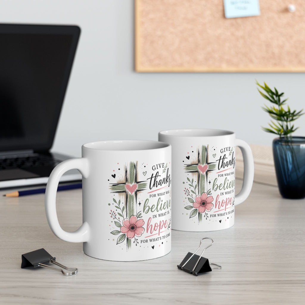 Floral Cross Give Thanks Ceramic Mug — Inspirational Christian Gift Coffee Cup 11oz 15oz