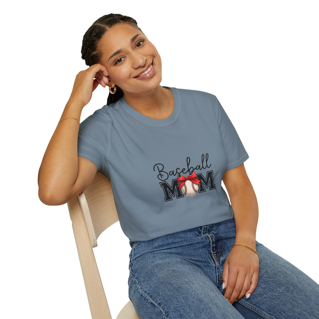Baseball Mom T-Shirt — Cute Red Bow Gift for Sports Moms Game Day Graphic Tee