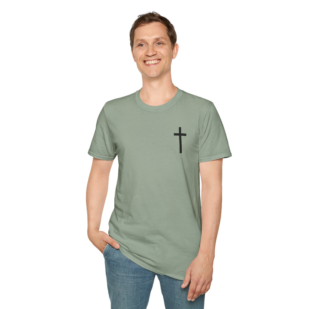 Man of Faith Rooted in Christ T-Shirt — Christian Gift for Him Flag & Cross Back Print Graphic Tee
