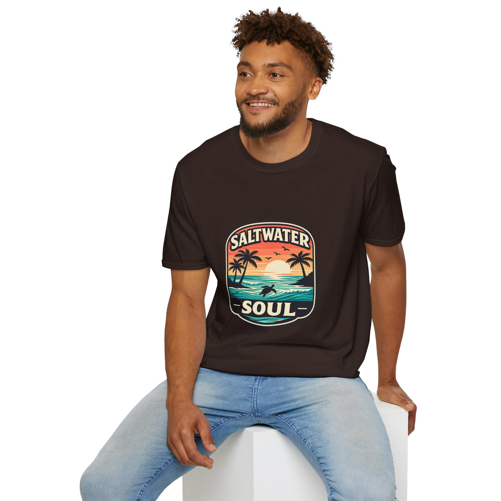 Saltwater Soul Retro Beach T-Shirt — Cute Coastal Gift for Women Sunset Palm Tee