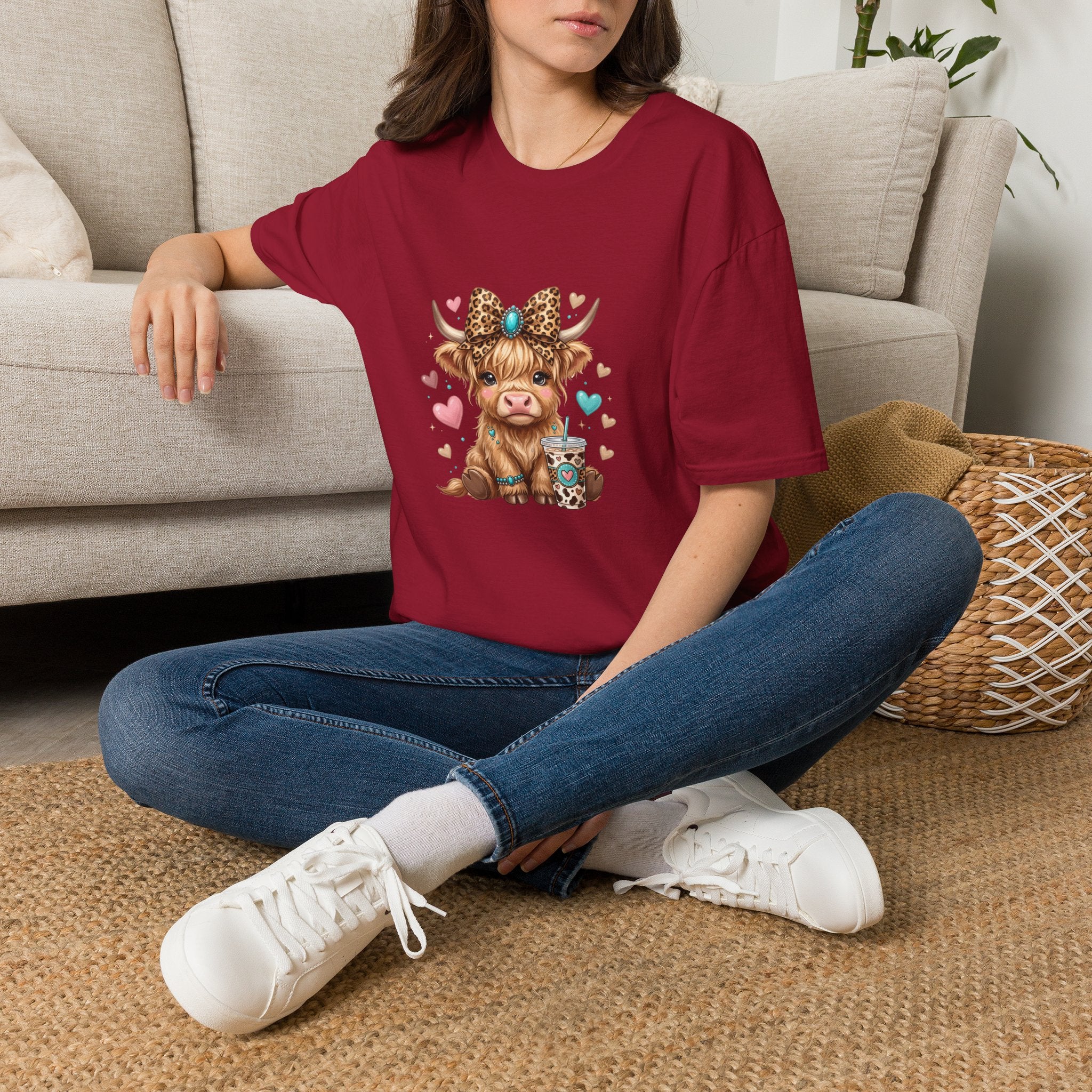 Highland Cow Leopard Bow T-Shirt — Cute Funny Gift for Her Hearts Graphic Tee
