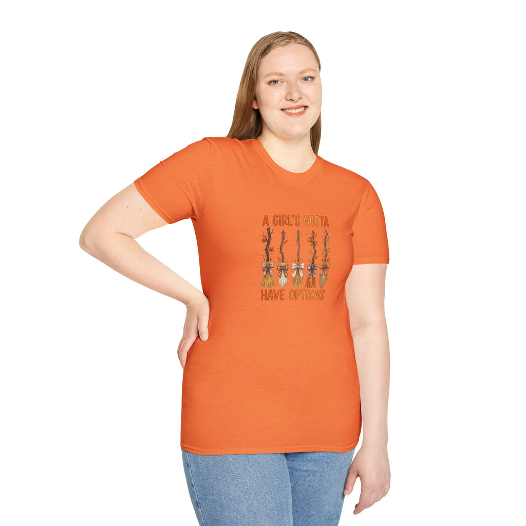 A Girl's Gotta Have Options Witch Brooms T-Shirt — Funny Halloween Gift for Women