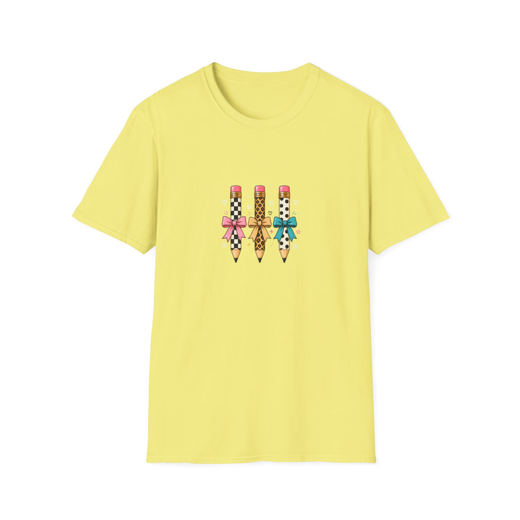 Pencil Trio Graphic T-Shirt — Cute Patterned Pencils with Bows